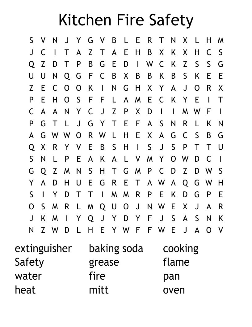 Kitchen Fire Safety Word Search WordMint