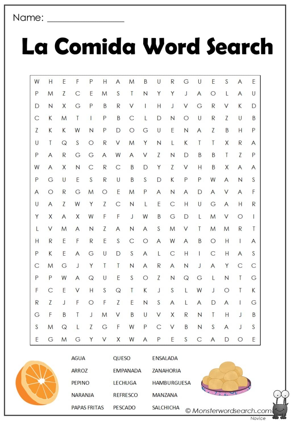 La Comida Word Search Monster Word Search