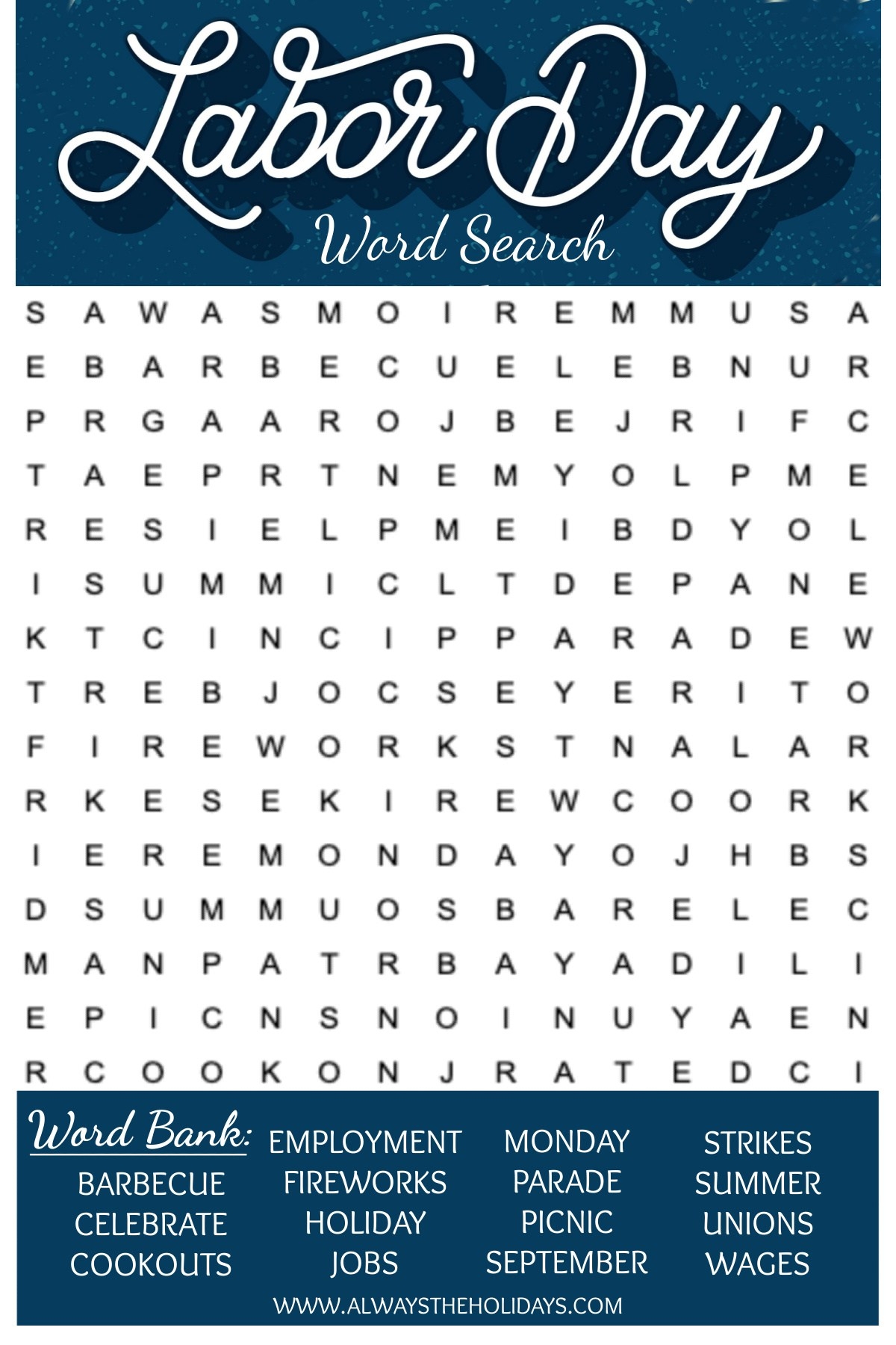 Labor Day Word Search Printable Free