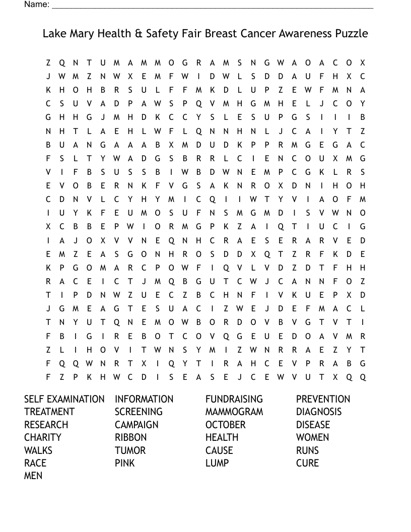 Lake Mary Health U0026 Safety Fair Breast Cancer Awareness Puzzle Word Search WordMint