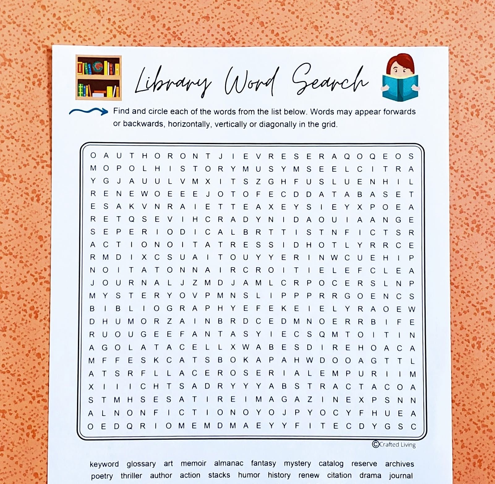 Library Printable Word Search Book Word Puzzle Party Game 