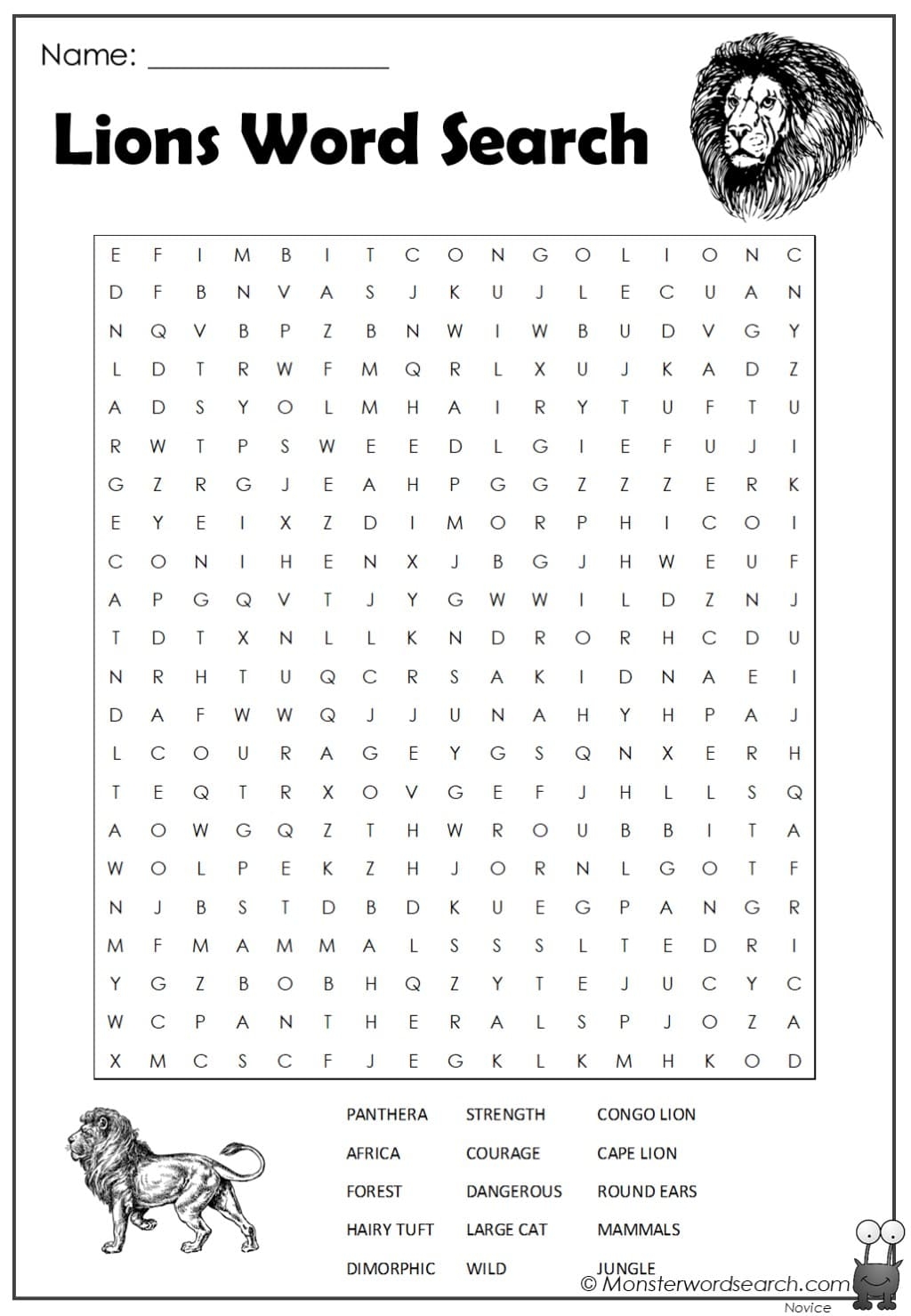 Lions Word Search Monster Word Search