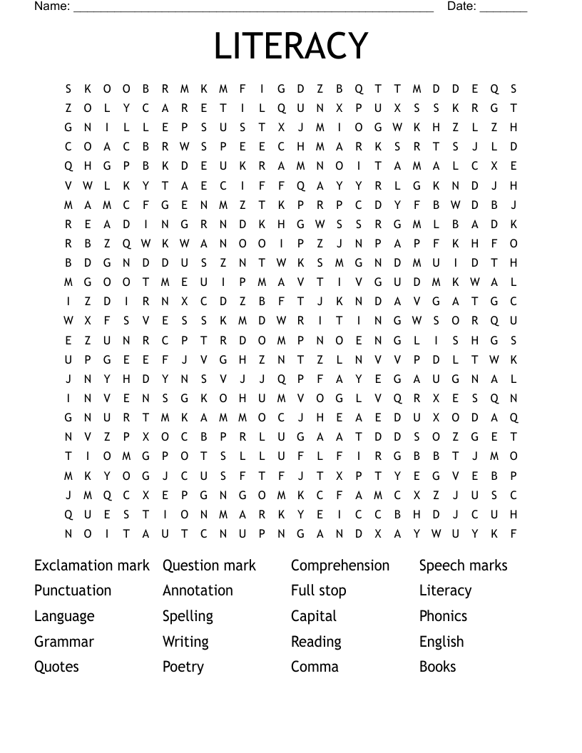 Literacy Word Search Printable
