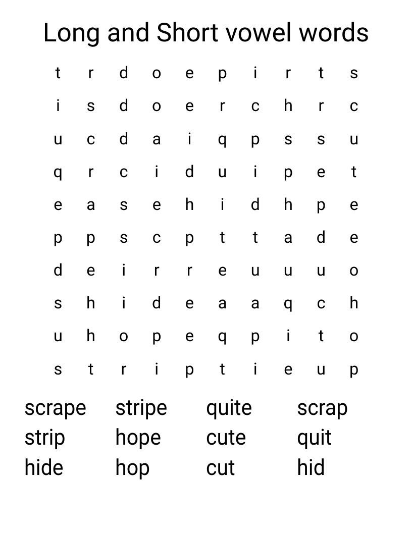 Long And Short Vowel Words Word Search WordMint