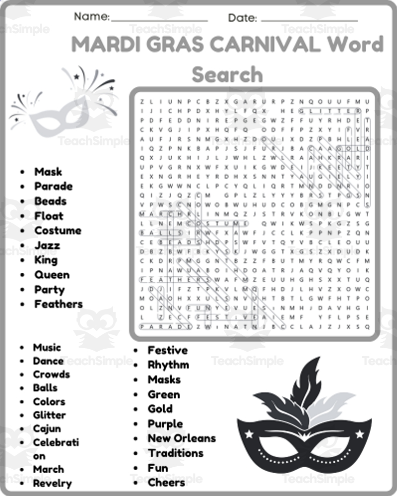 MARDI GRAS CARNIVAL Word Search Worksheet Activity By Teach Simple