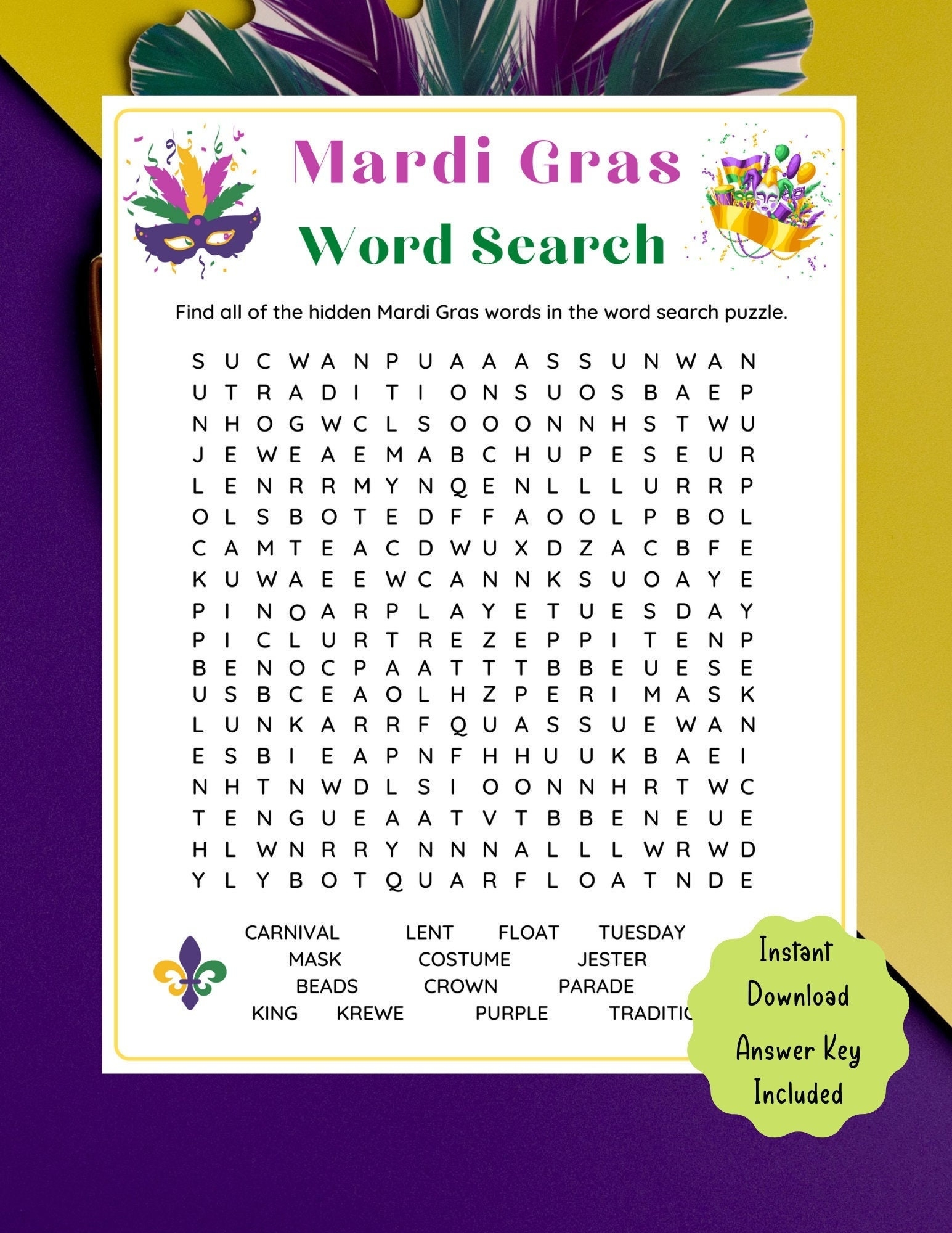 Mardi Gras Word Search Game Mardi Gras Printable Game For Kids 