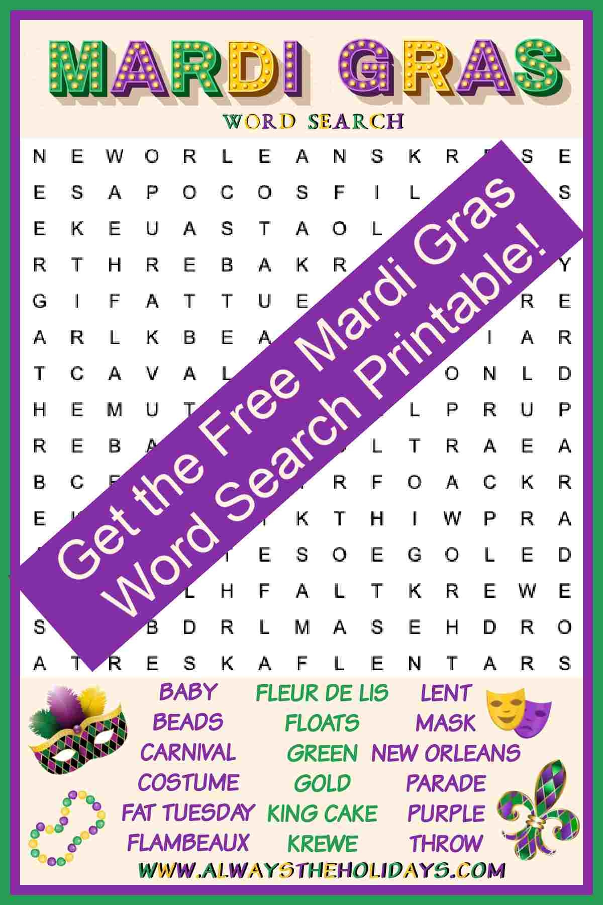 Mardi Gras Word Search Printable