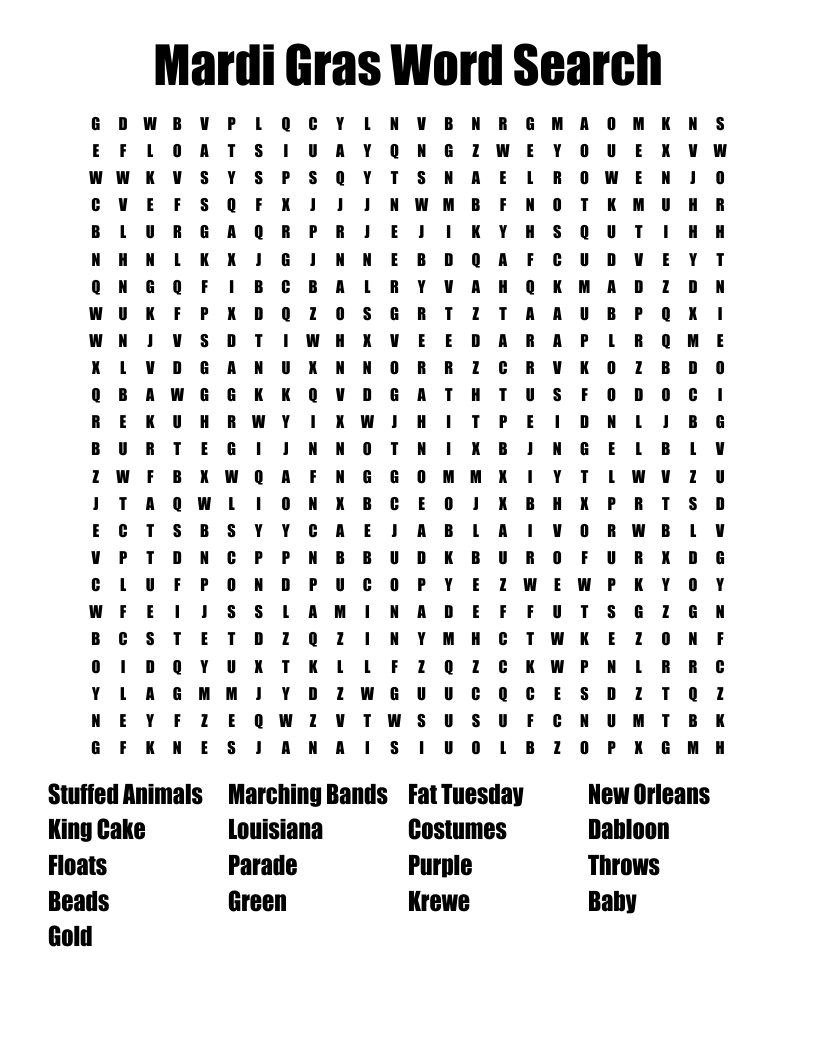 Mardi Gras Word Search Printable