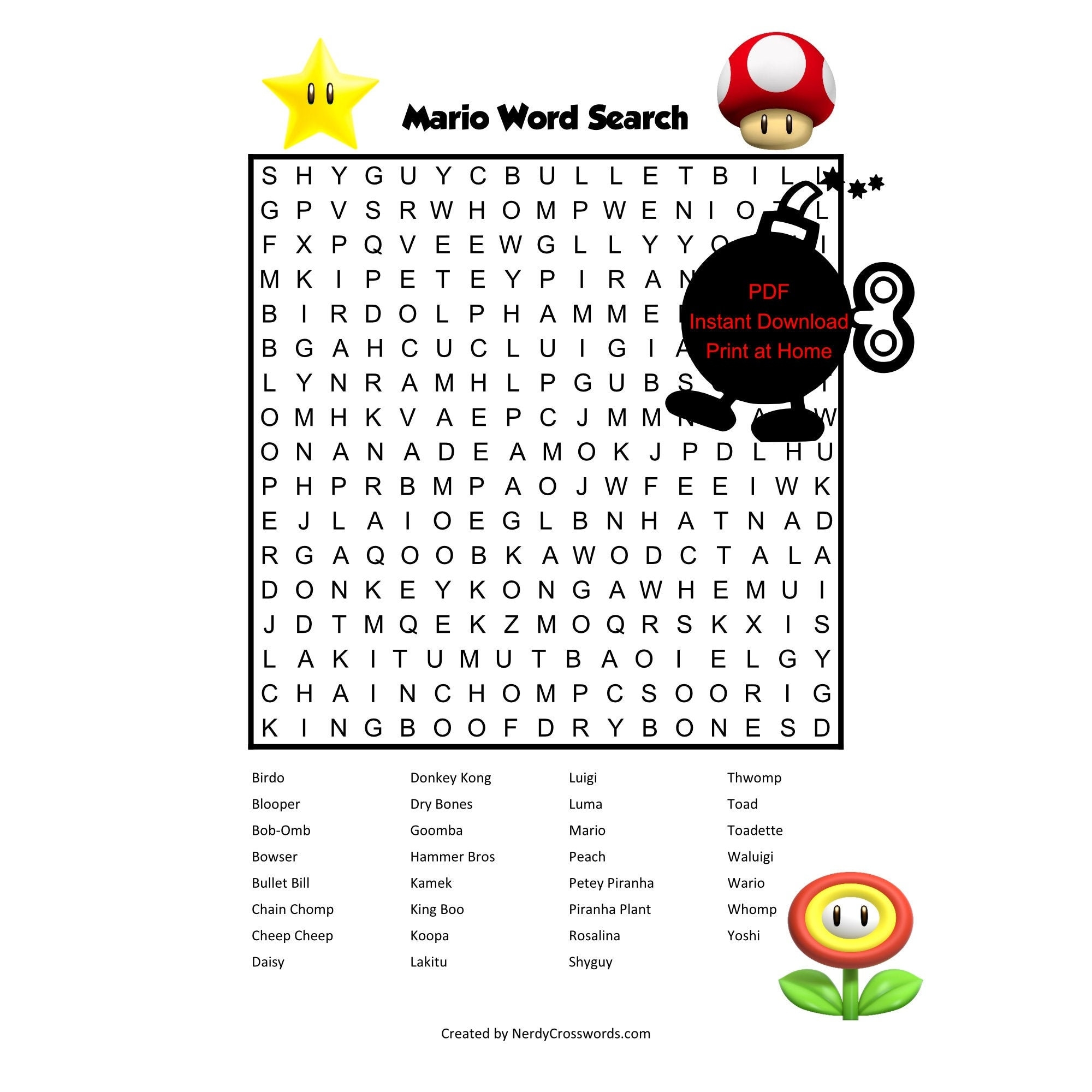 Mario Word Search Digital Download Instant Download Etsy