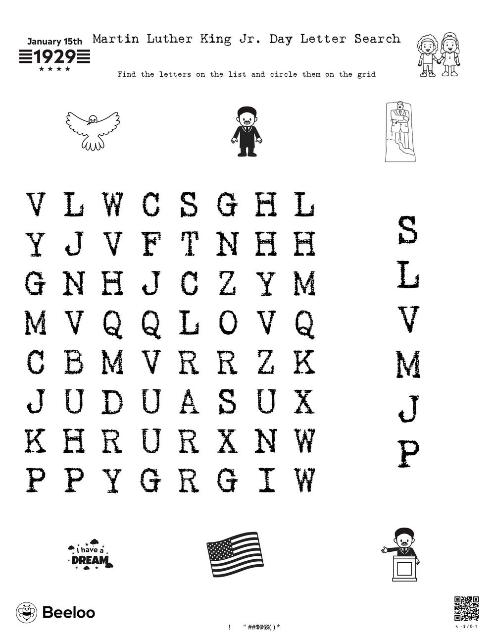 Martin Luther King Jr Day themed Word Searches Beeloo Printable 