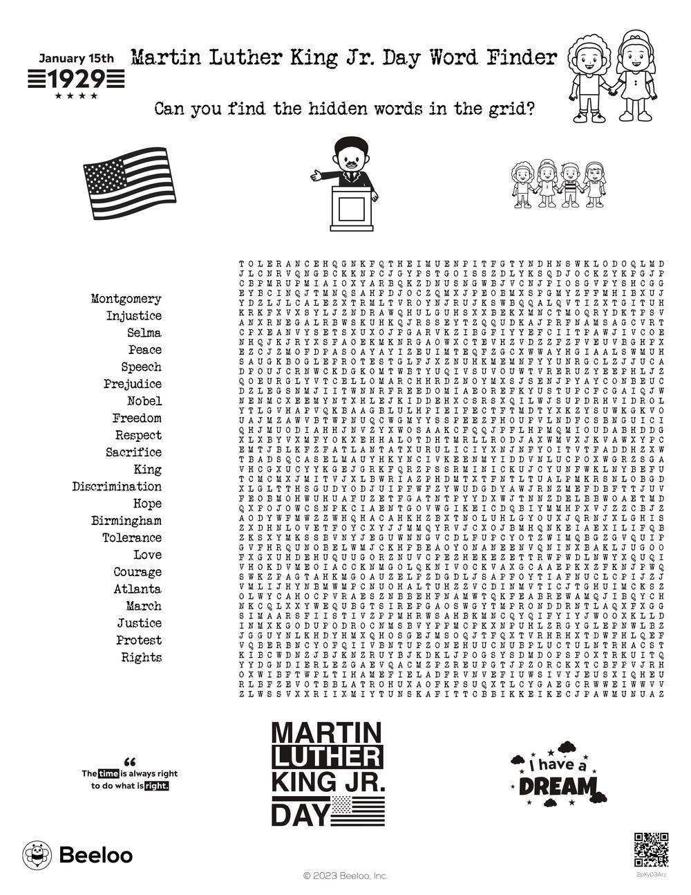 Martin Luther King Jr Day themed Word Searches Beeloo Printable 