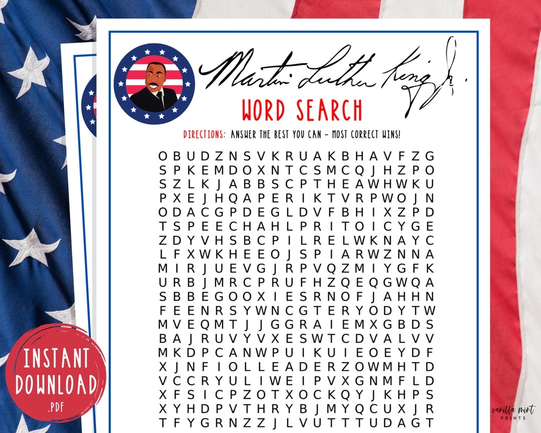Martin Luther King Jr Word Search Game MLK Jr Day Printable Games America USA Patriotic American History Classroom Games Etsy