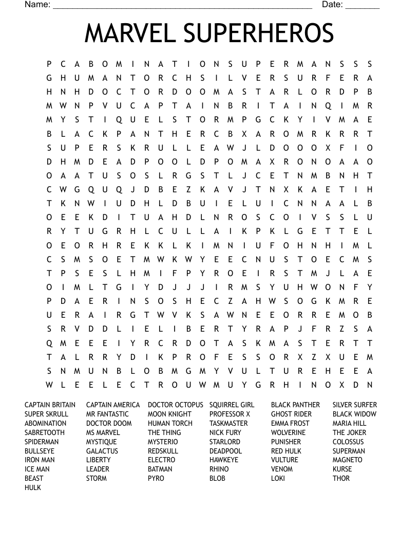 MARVEL SUPERHEROS Word Search WordMint