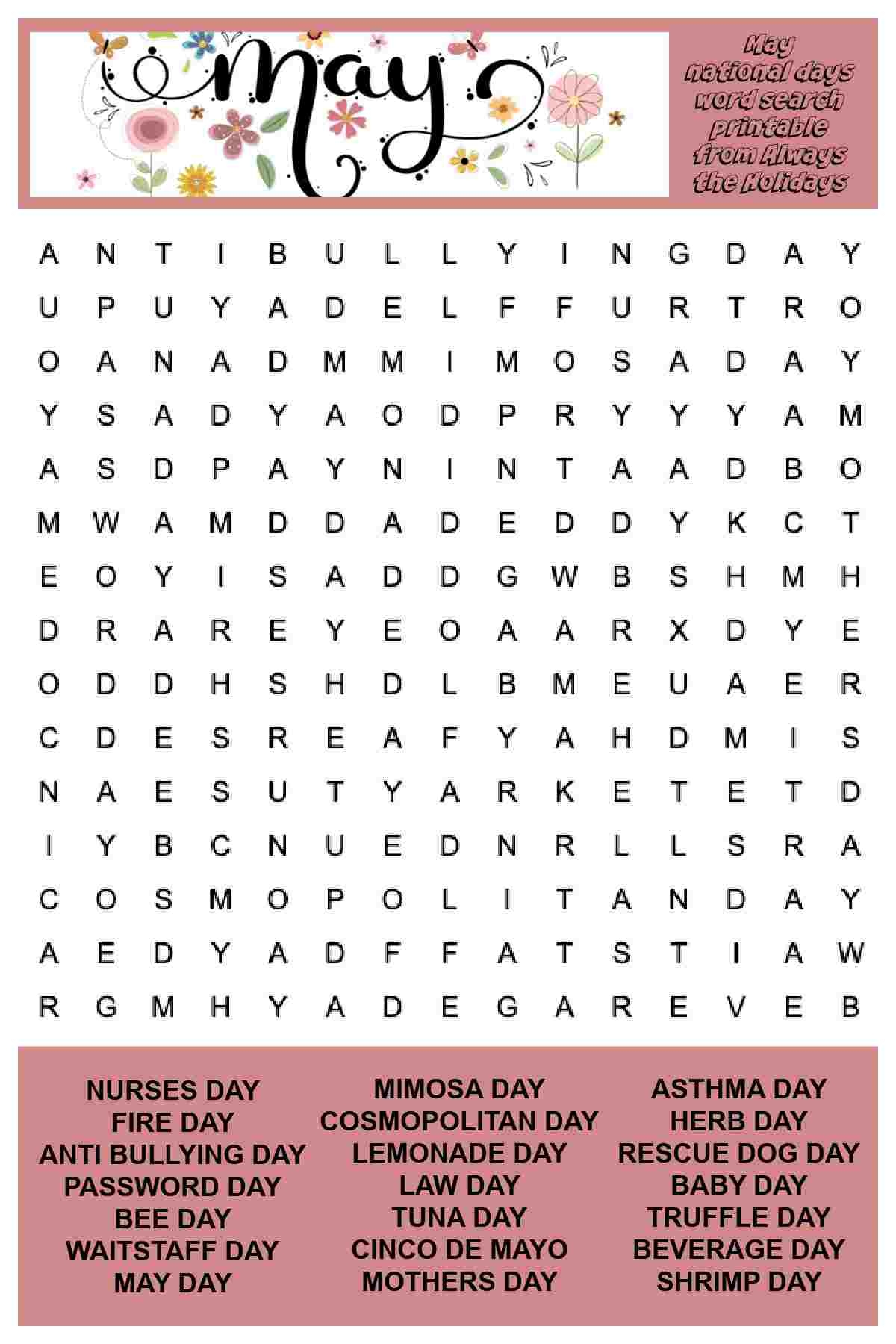 Free May Word Search Printable