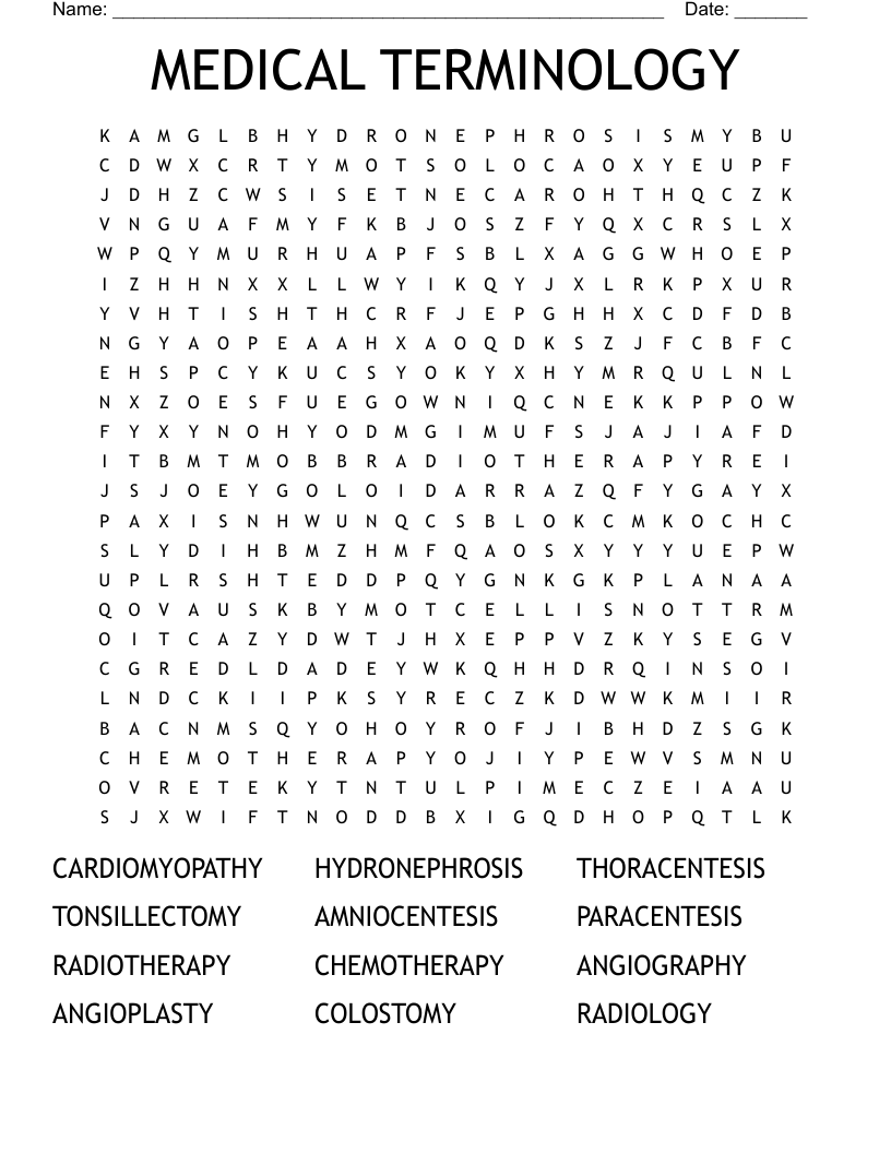 Printable Medical Terminology Word Search