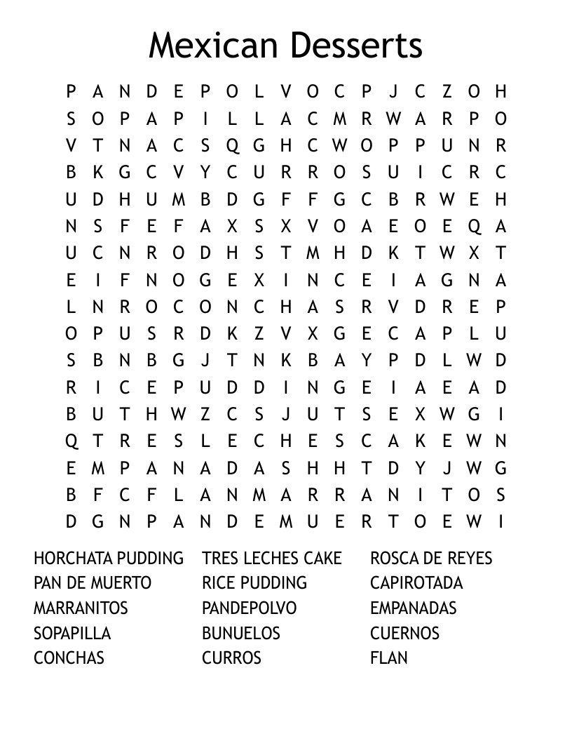Mexican Desserts Word Search WordMint