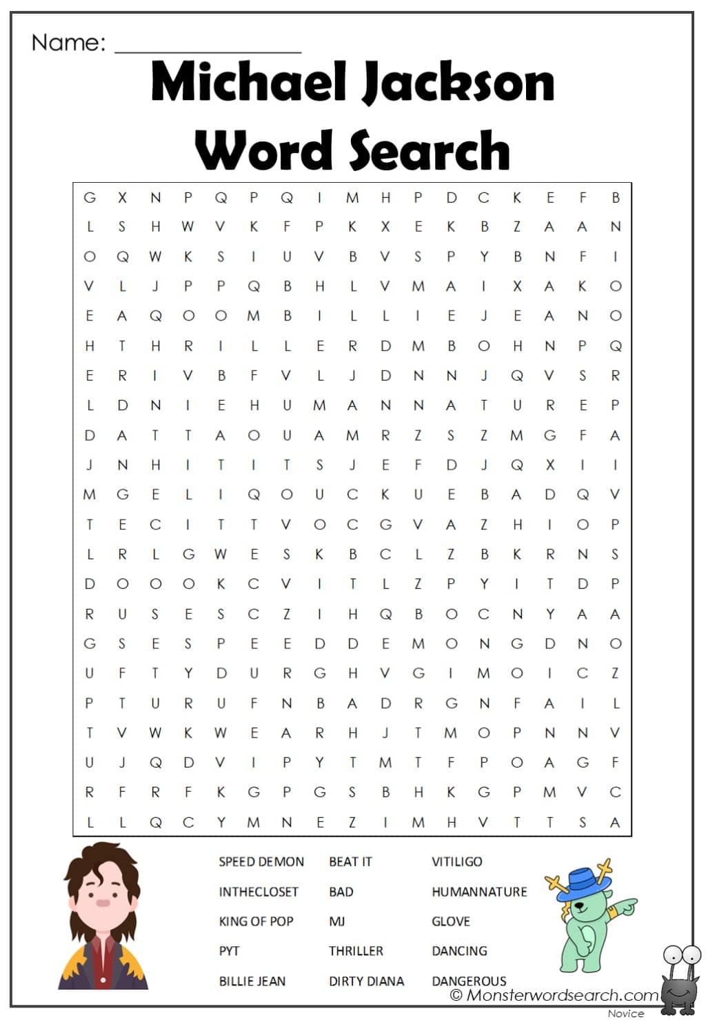 Michael Jackson Word Search Printable