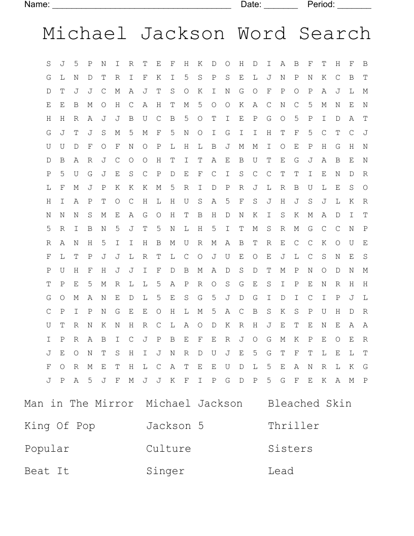 Michael Jackson Word Search WordMint