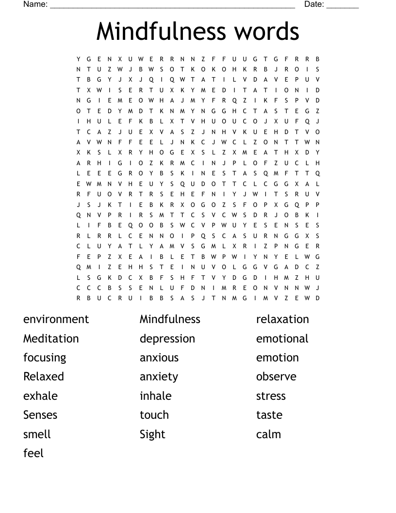 Mindfulness Words Word Search WordMint