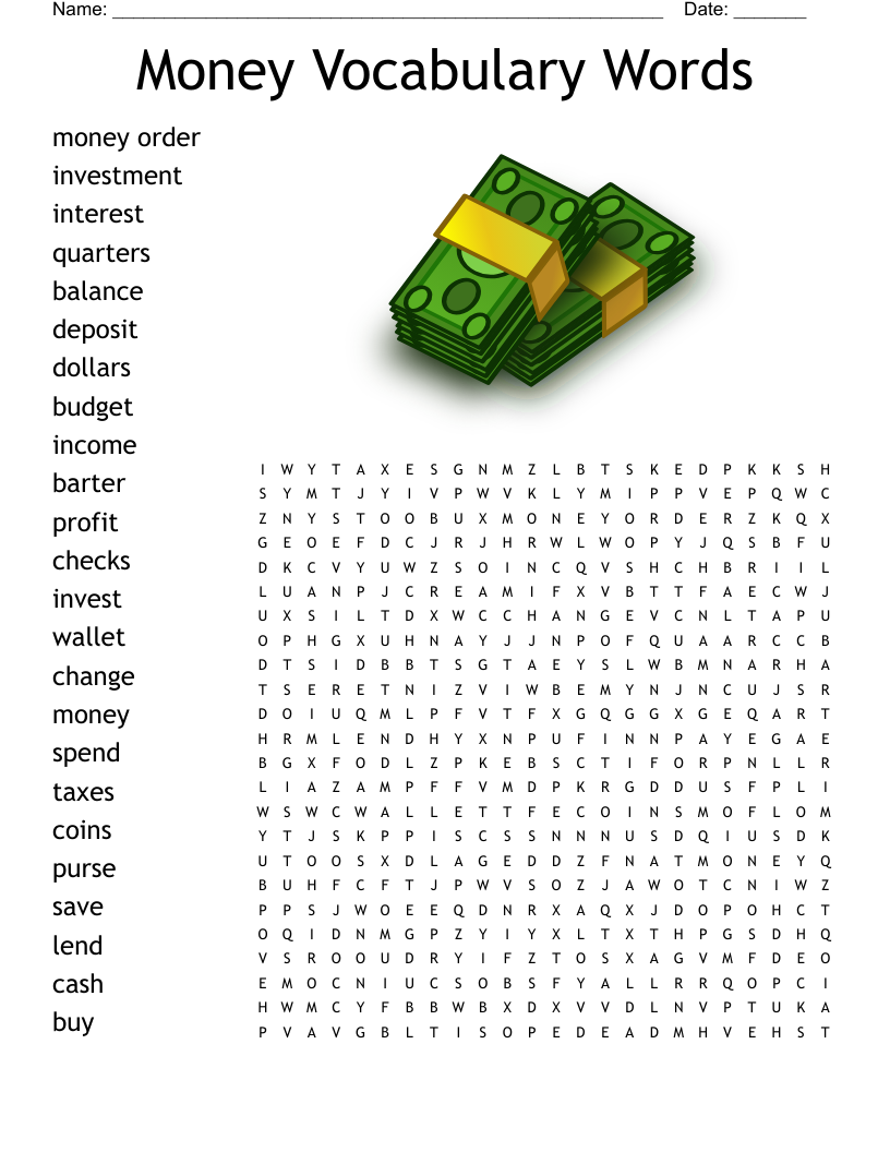 Money Vocabulary Words Word Search WordMint
