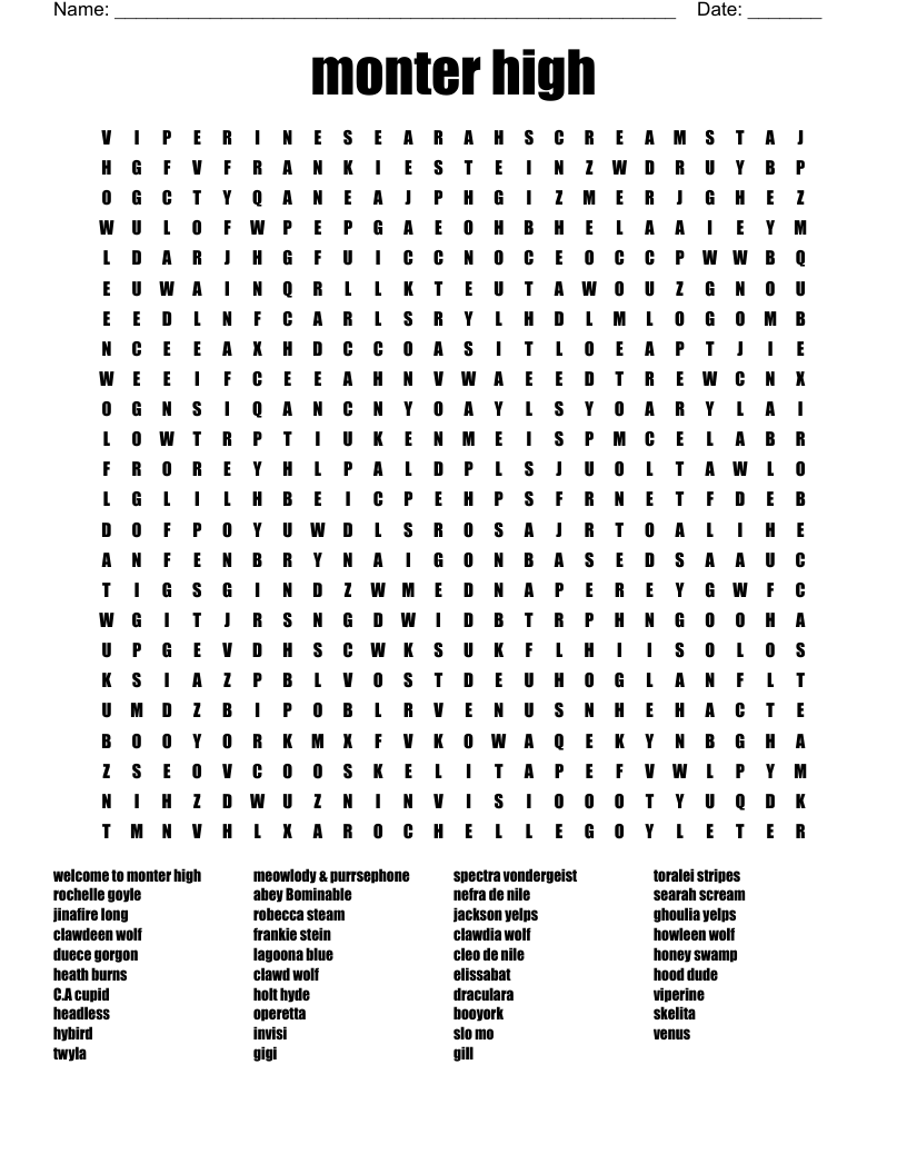 Monster High Characters Word Search WordMint