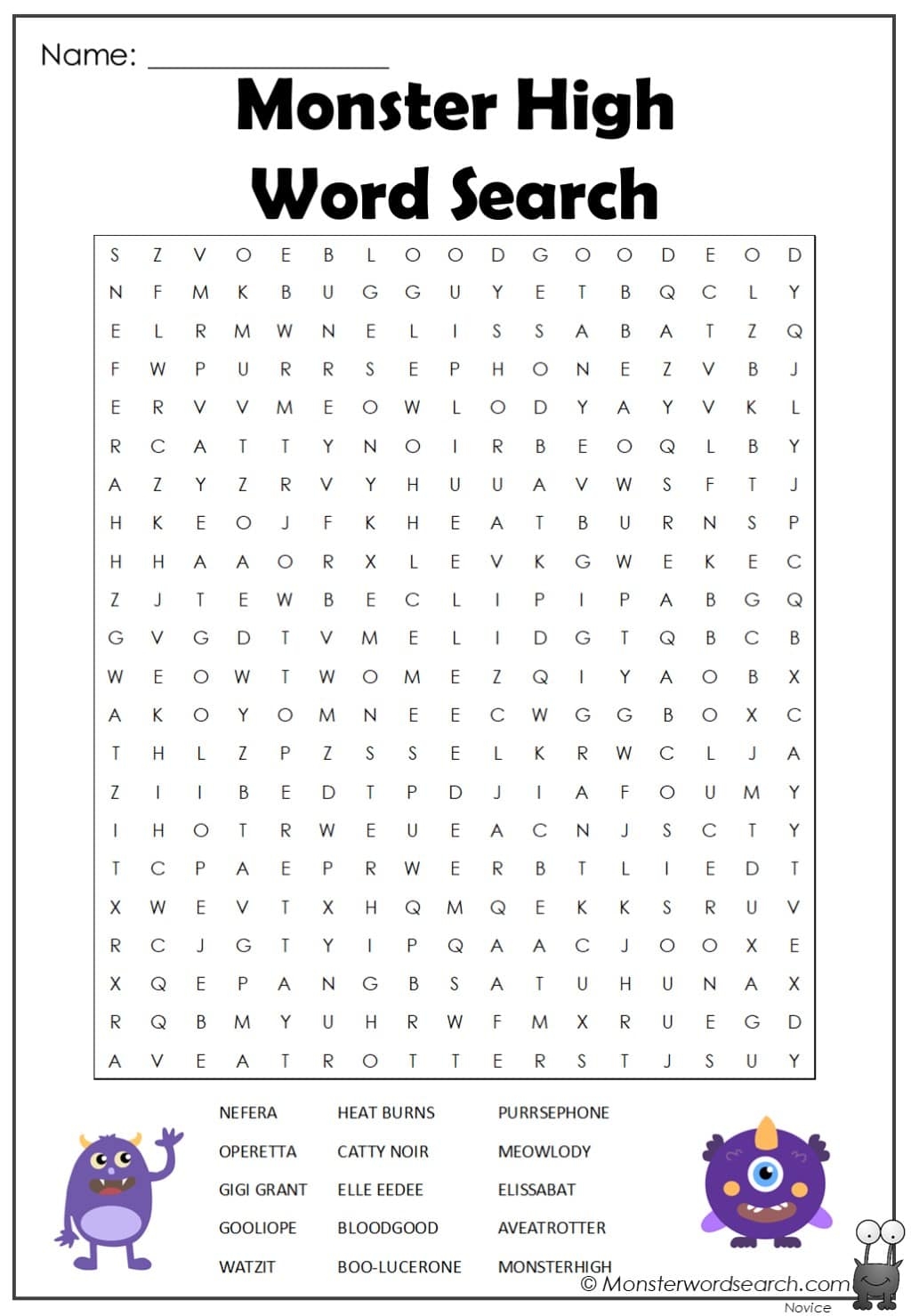 Monster High Word Search Printable