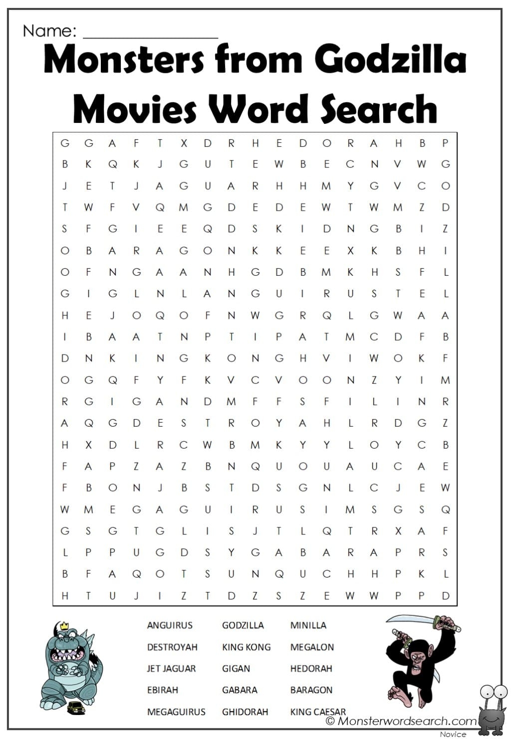 Monsters From Godzilla Movies Word Search Monster Word Search