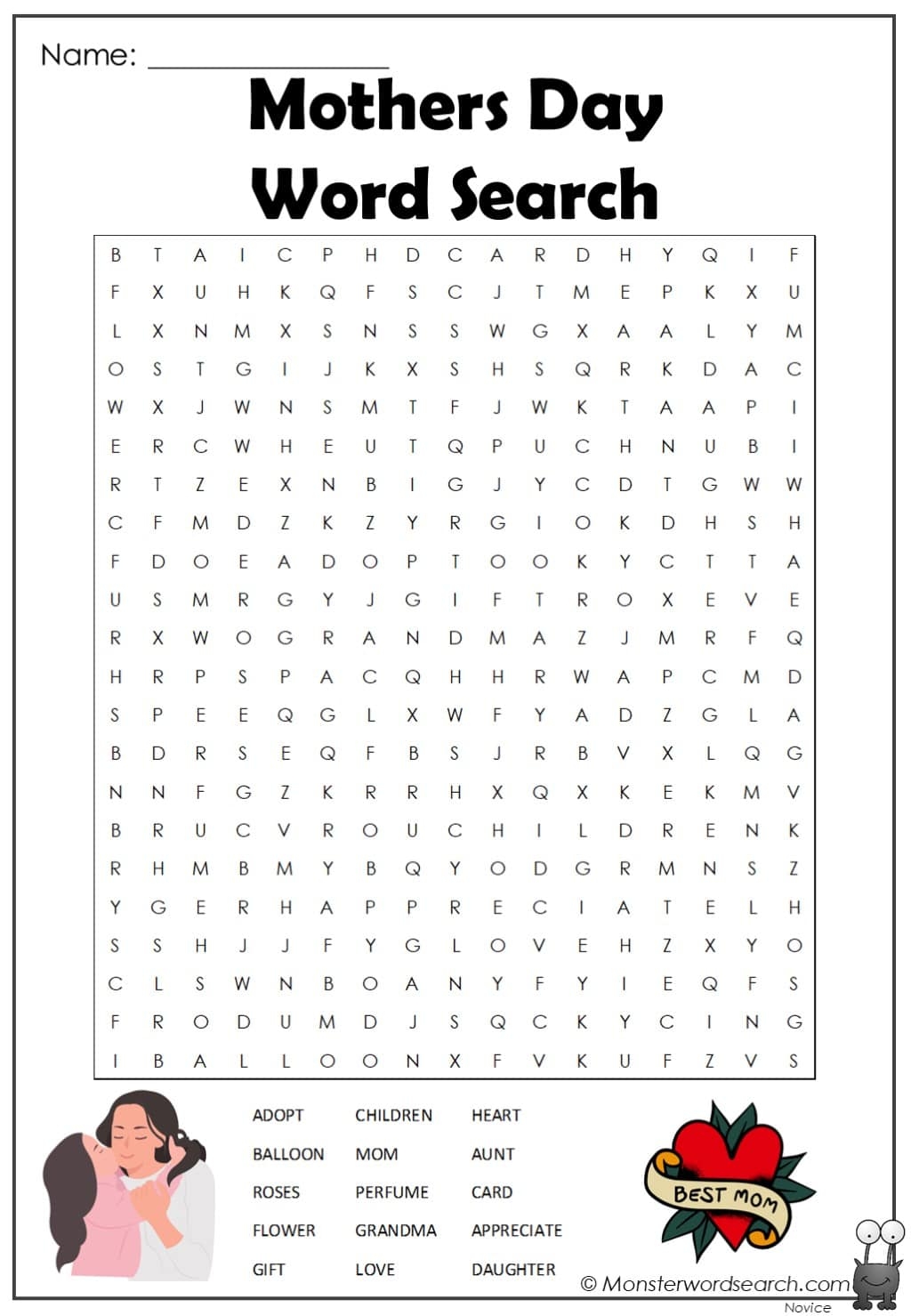 Mothers Day Word Search 3 Monster Word Search