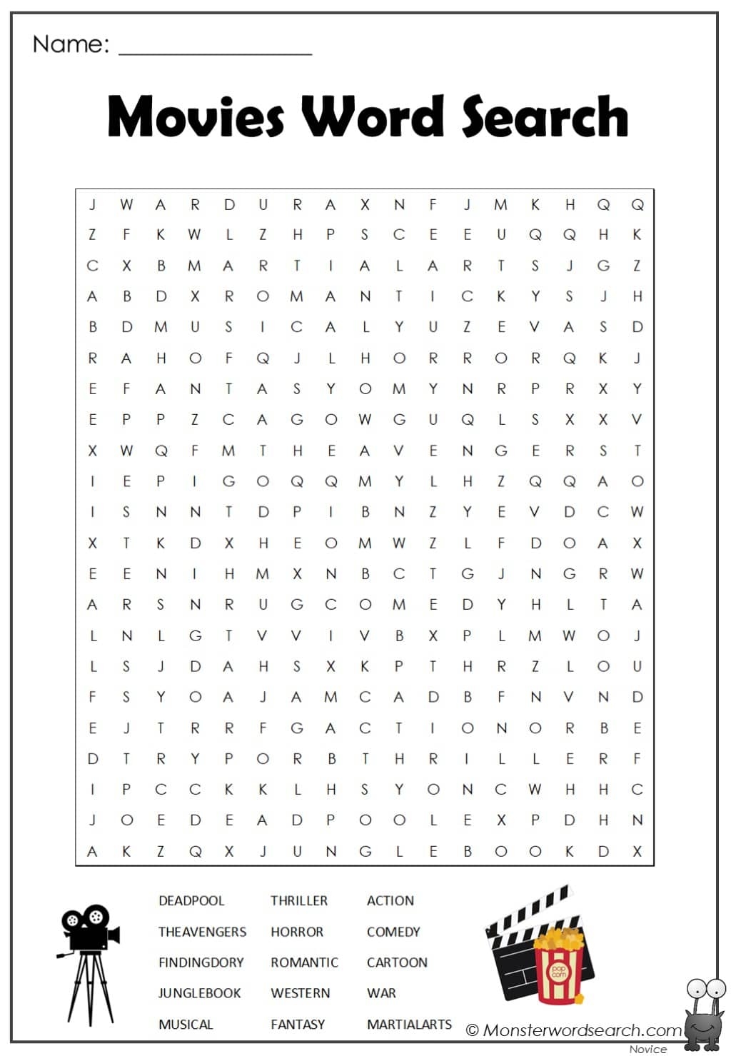 Movies Word Search Monster Word Search
