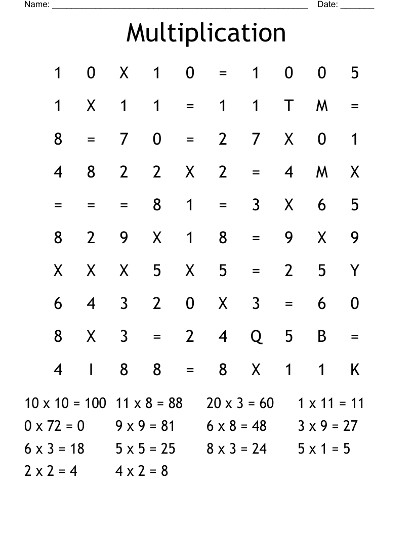 Multiplication Word Search Printable
