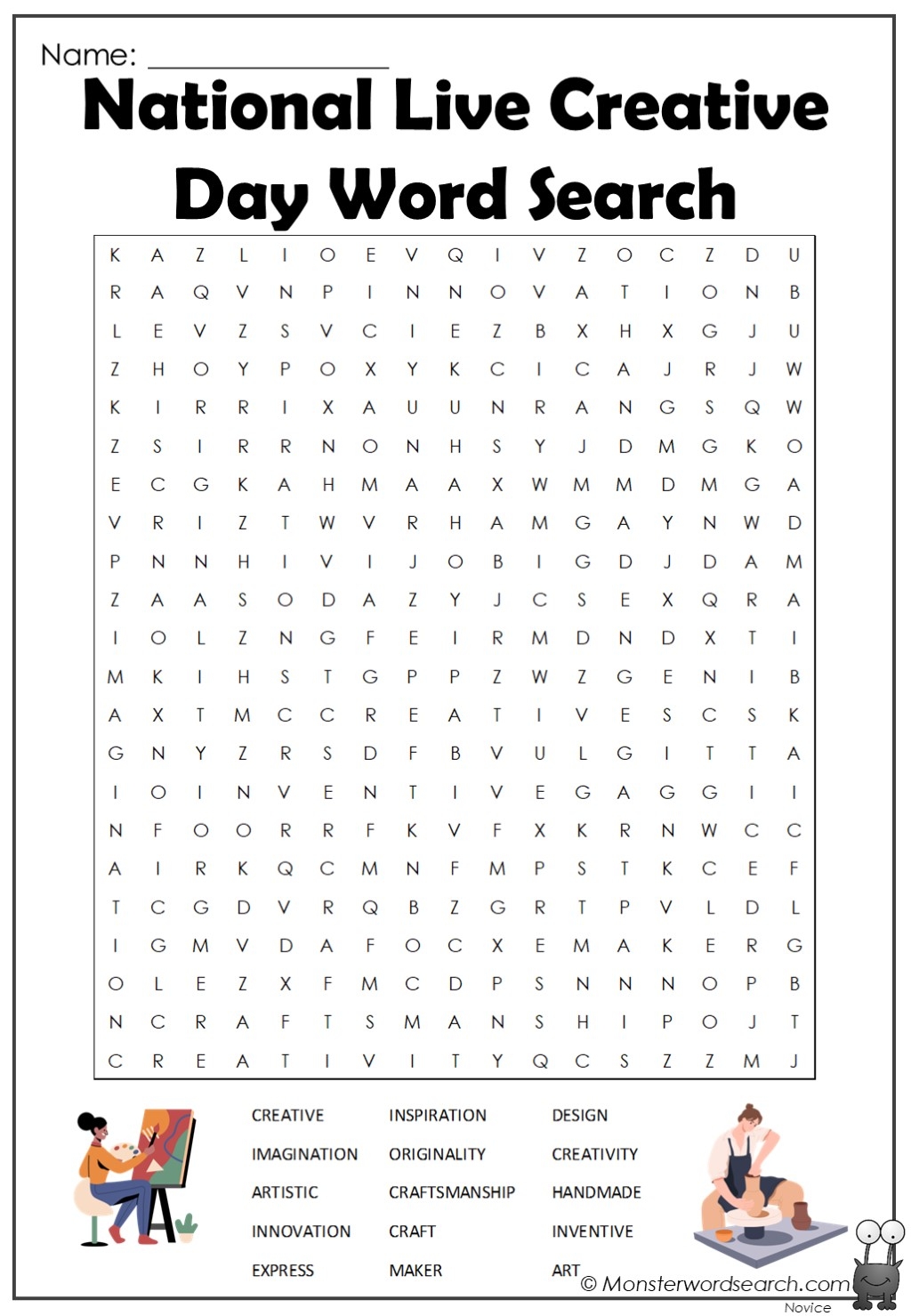 National Live Creative Day Word Search Monster Word Search Worksheets Library