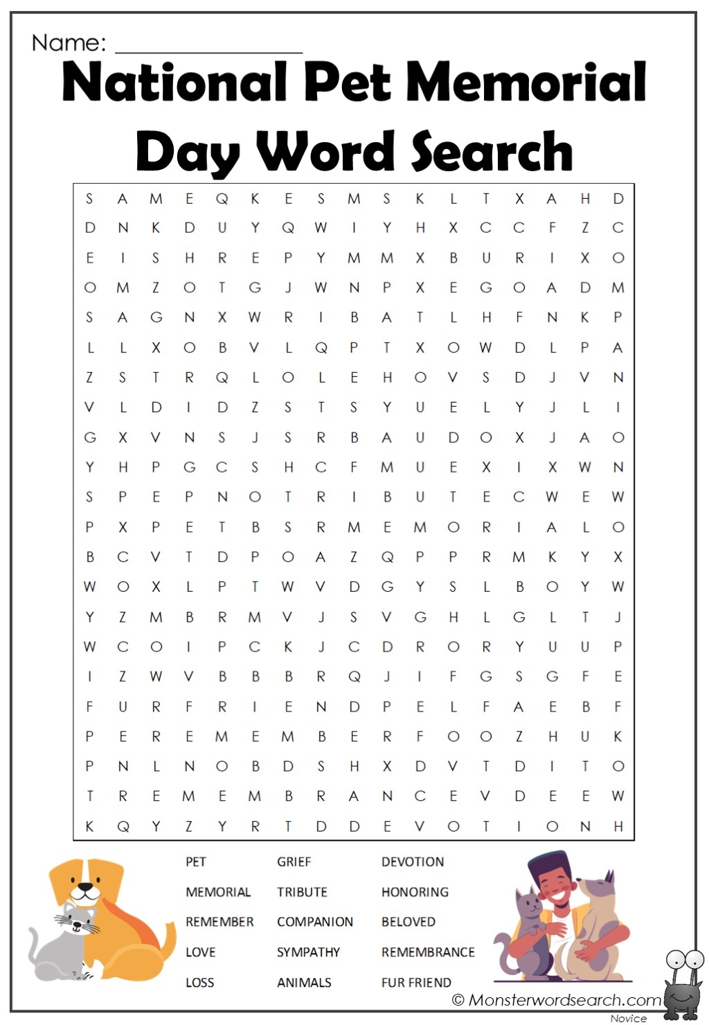 National Pet Memorial Day Word Search Monster Word Search