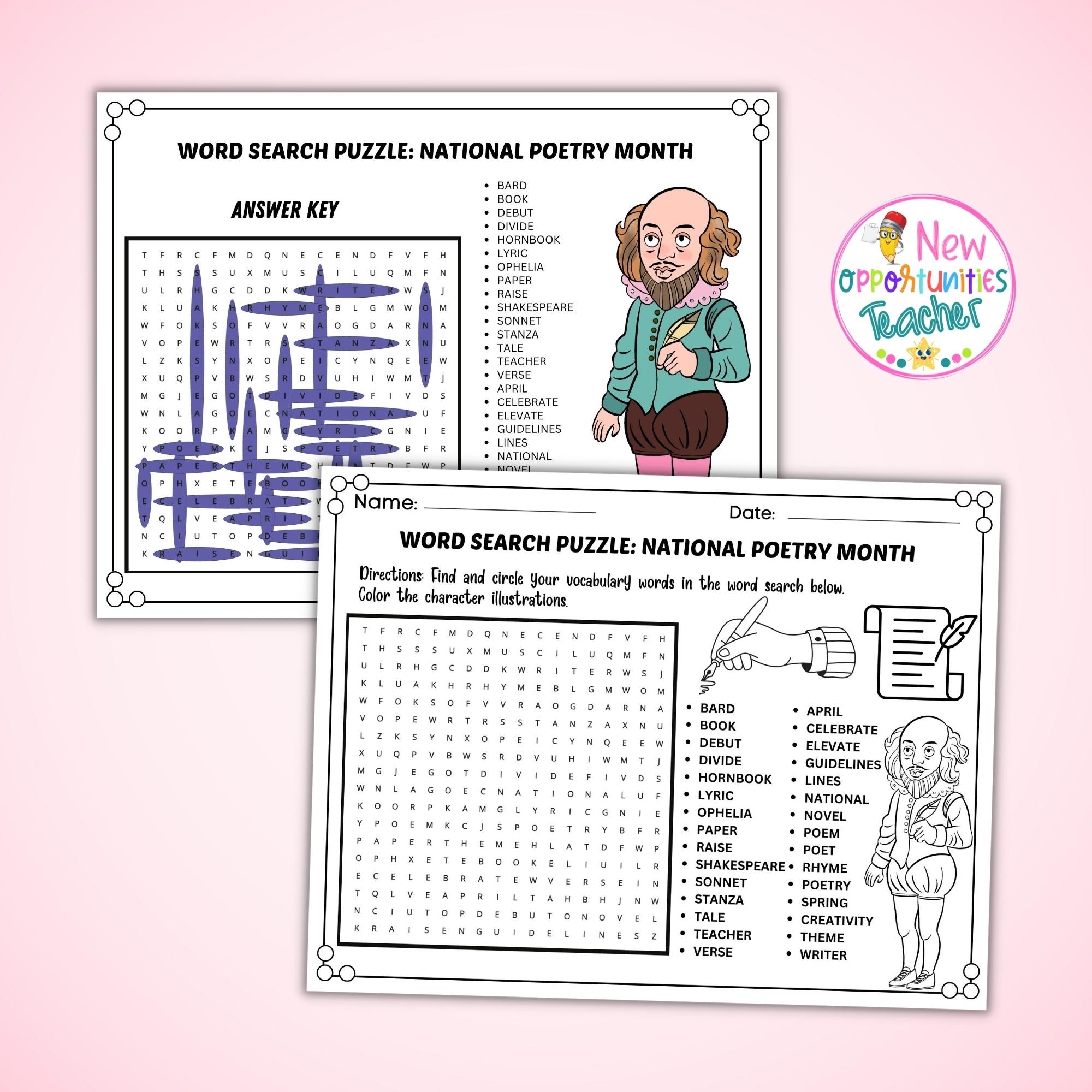 National Poetry Month Word Search Puzzle 30 Words April 