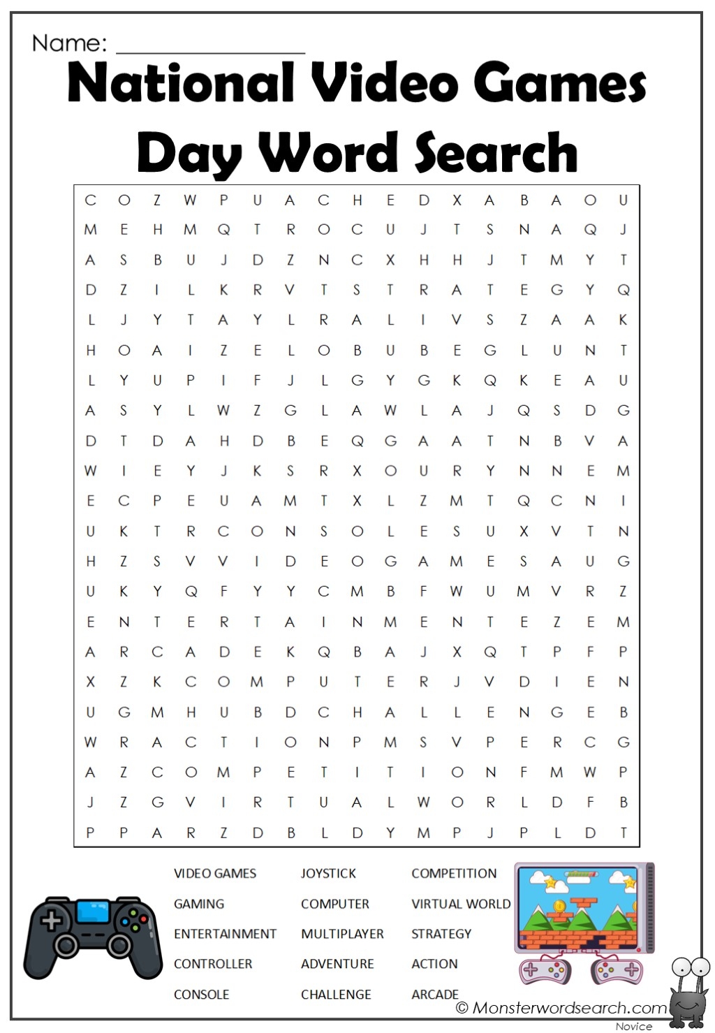 National Video Games Day Word Search Monster Word Search