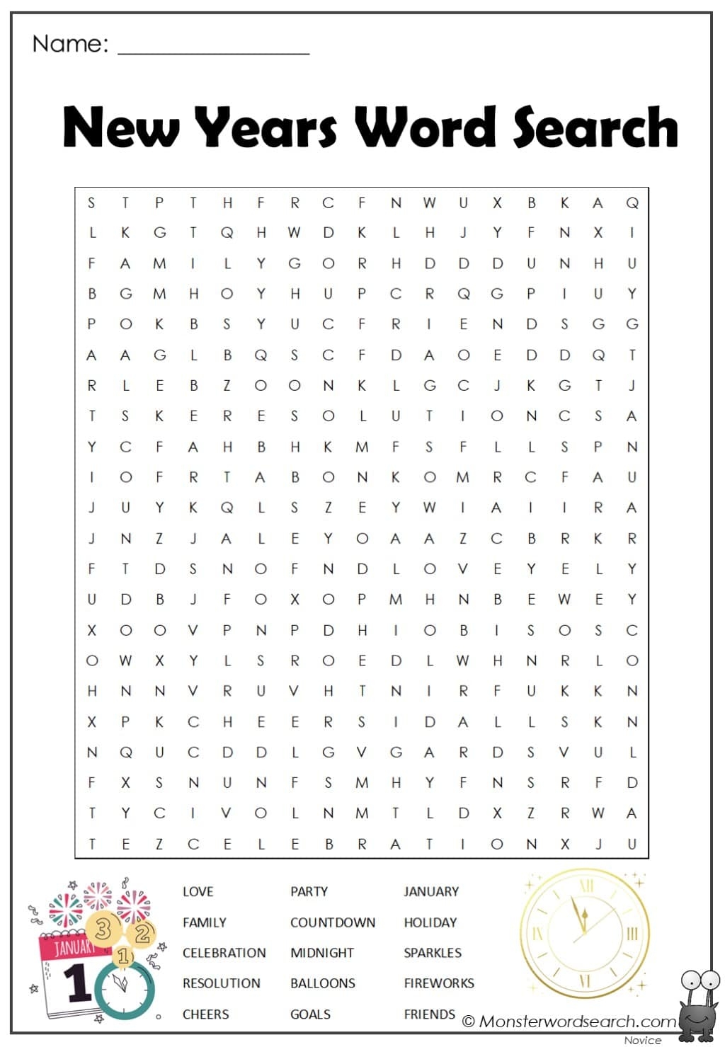 Printable New Years Word Search