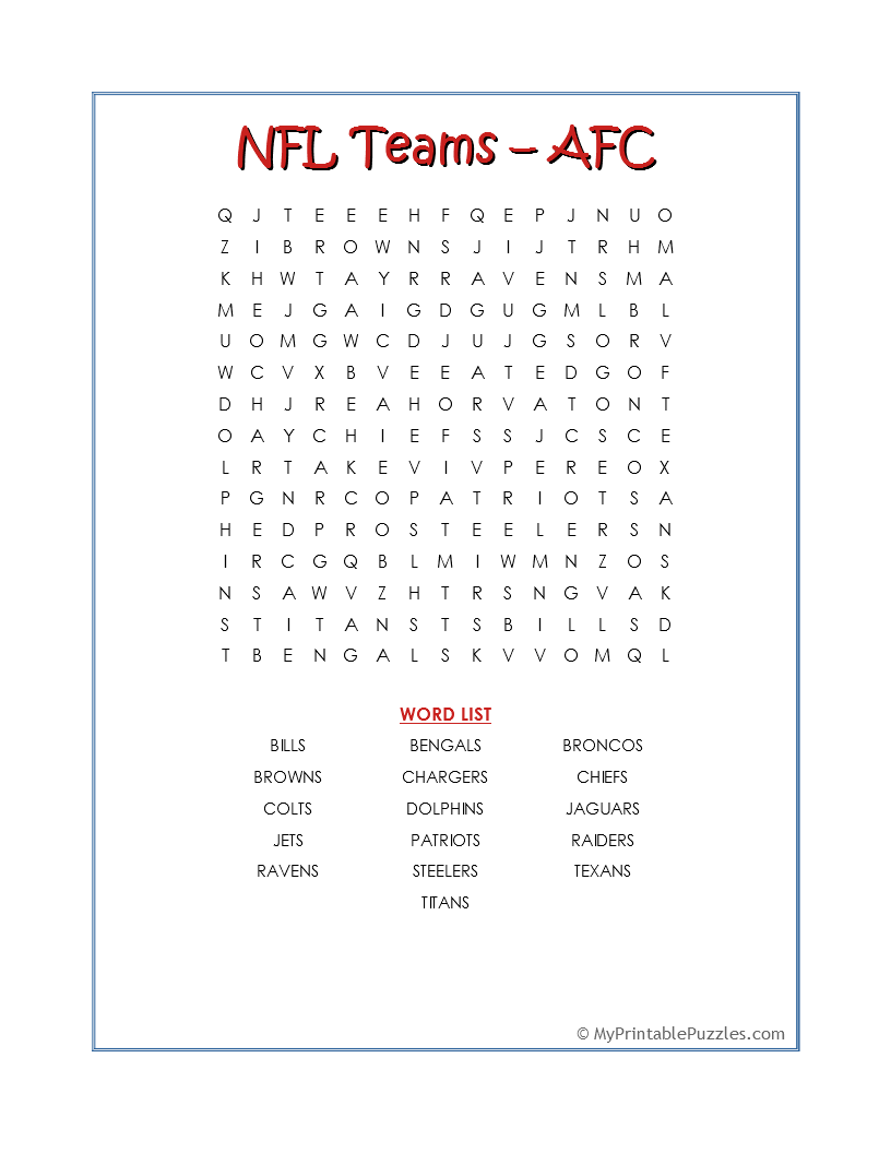 Football Teams Word Search Printable