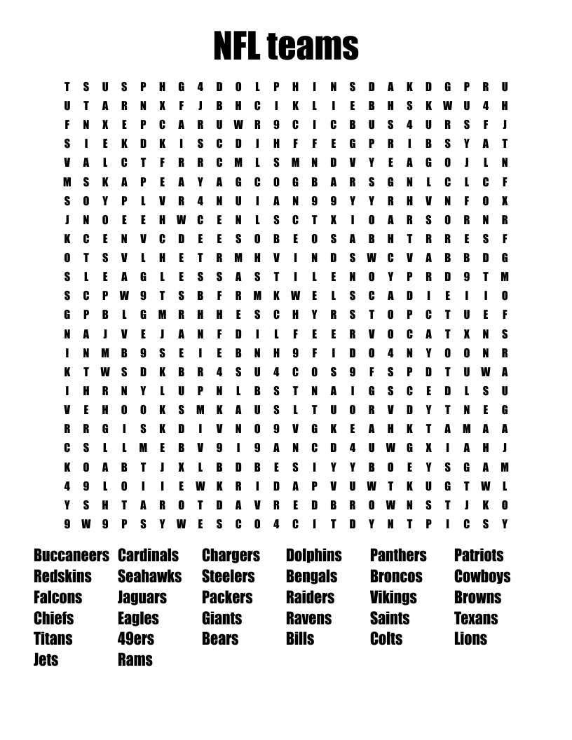Nfl Teams Word Search Printable