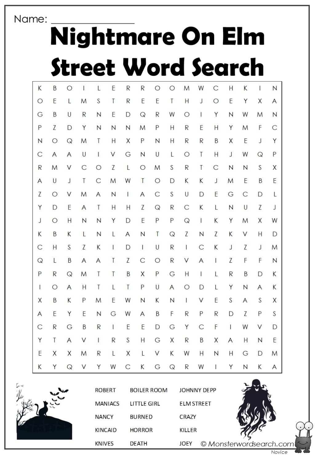 Nightmare On Elm Street Word Search Monster Word Search
