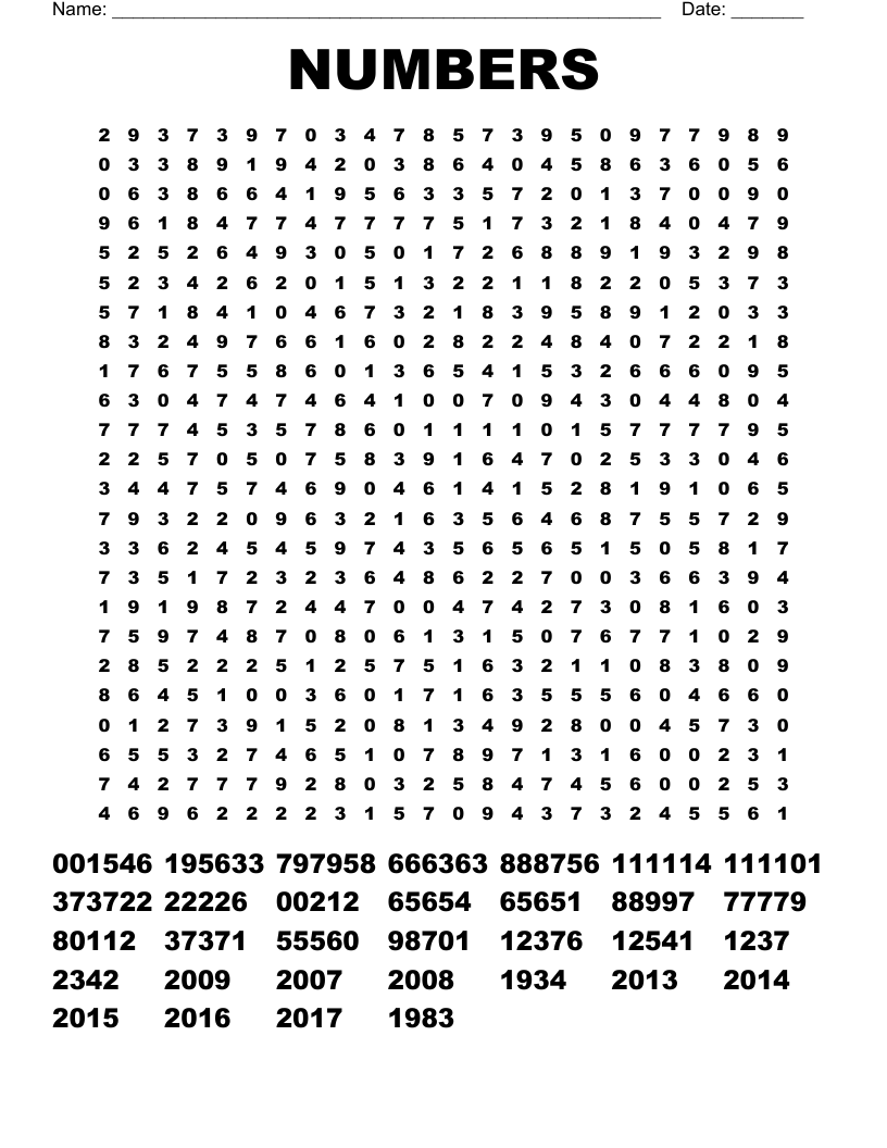 Printable Number Word Search