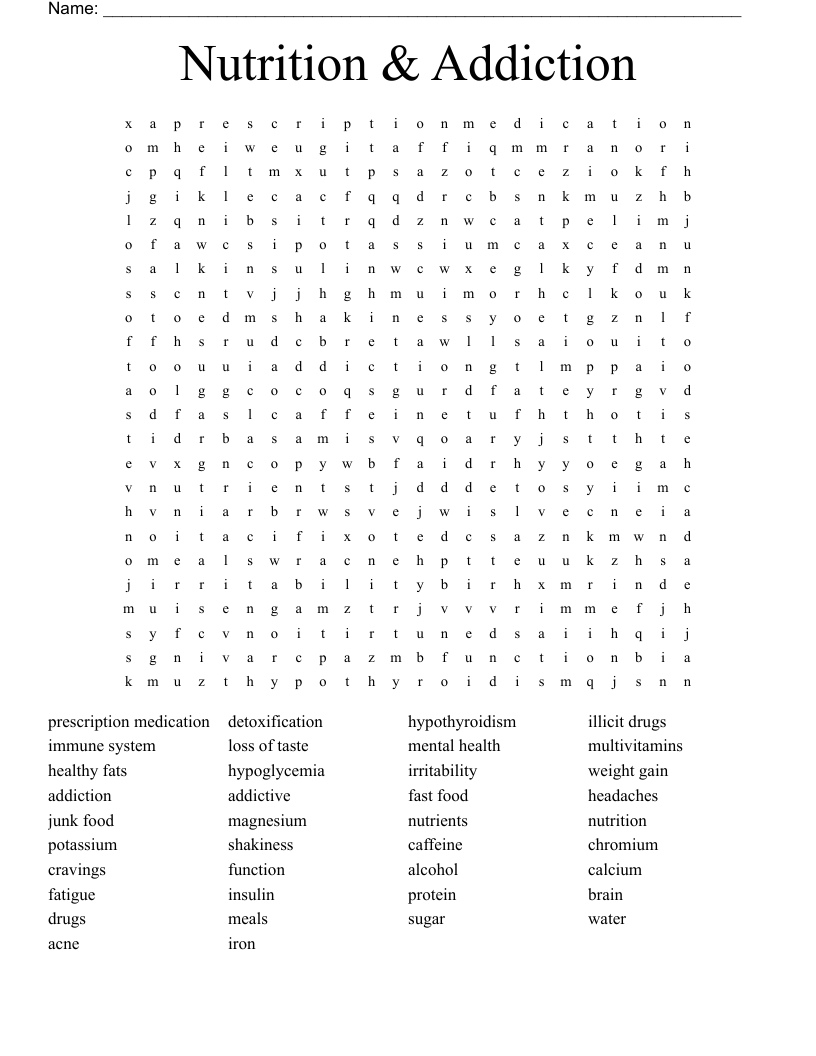 Nutrition U0026 Addiction Word Search WordMint