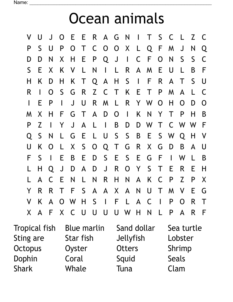 Ocean Animals Word Search WordMint
