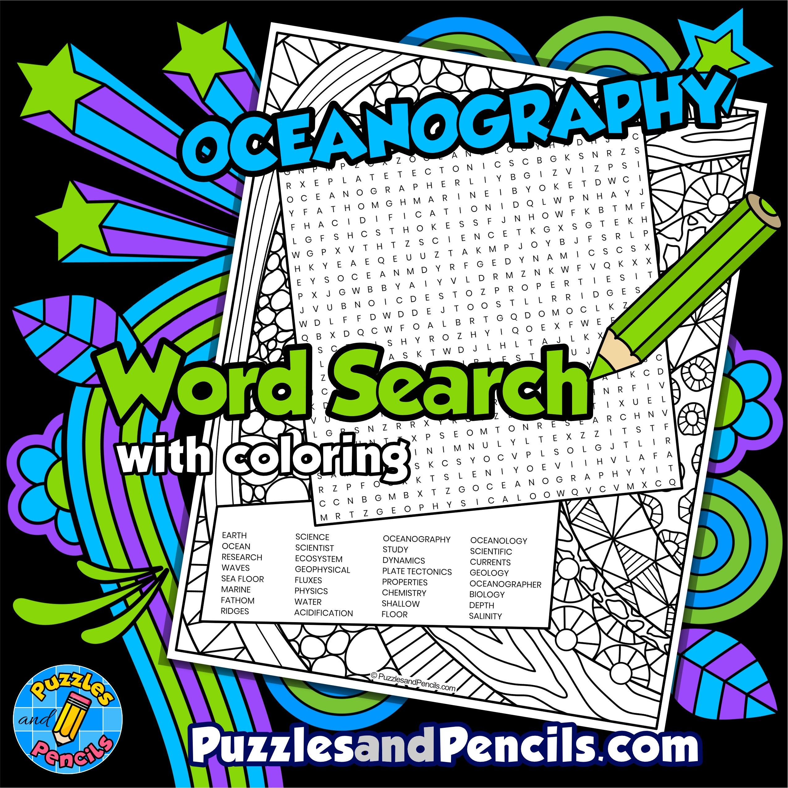 Oceanography Word Search Puzzle With Coloring Earth Sciences Wordsearch Made By Teachers