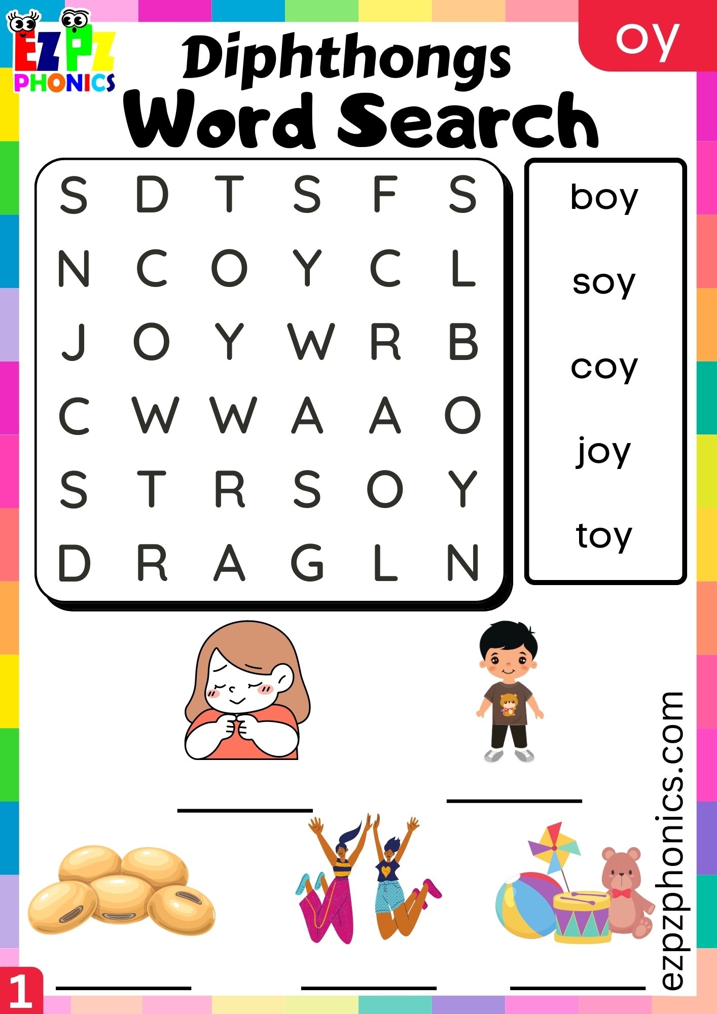 Oy Diphthongs Word Search Write And Find The Words Worksheet 