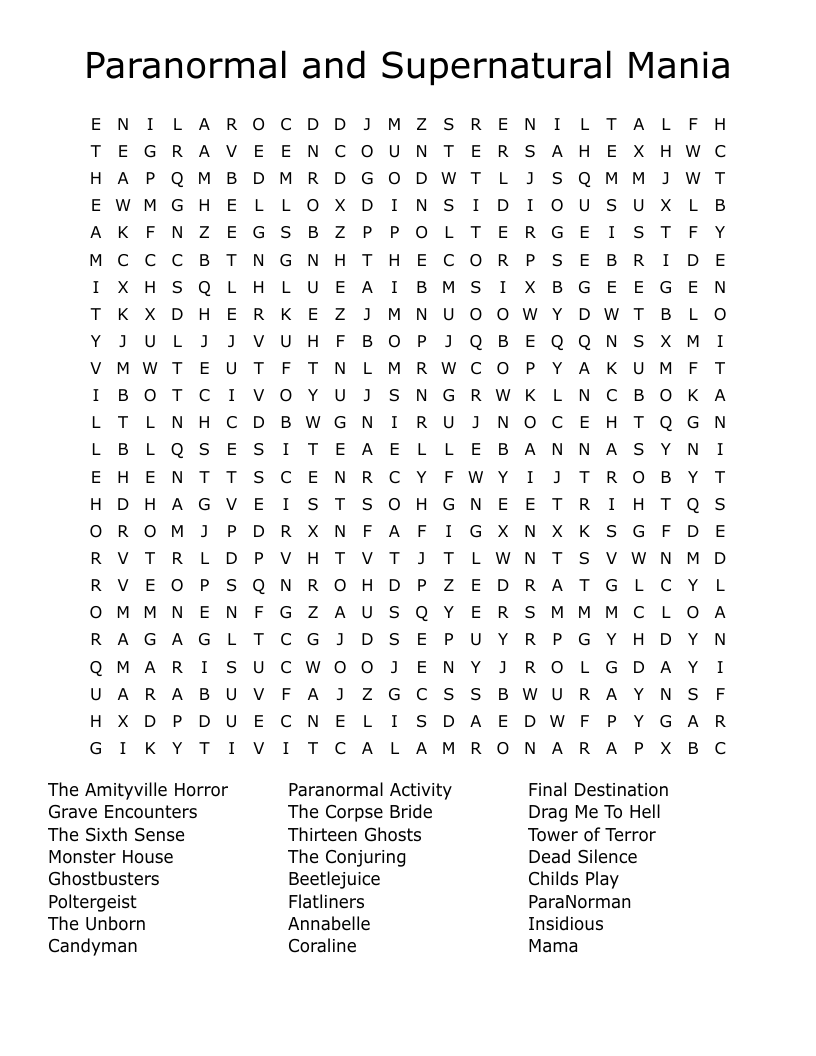 Horror Movie Word Search Printable