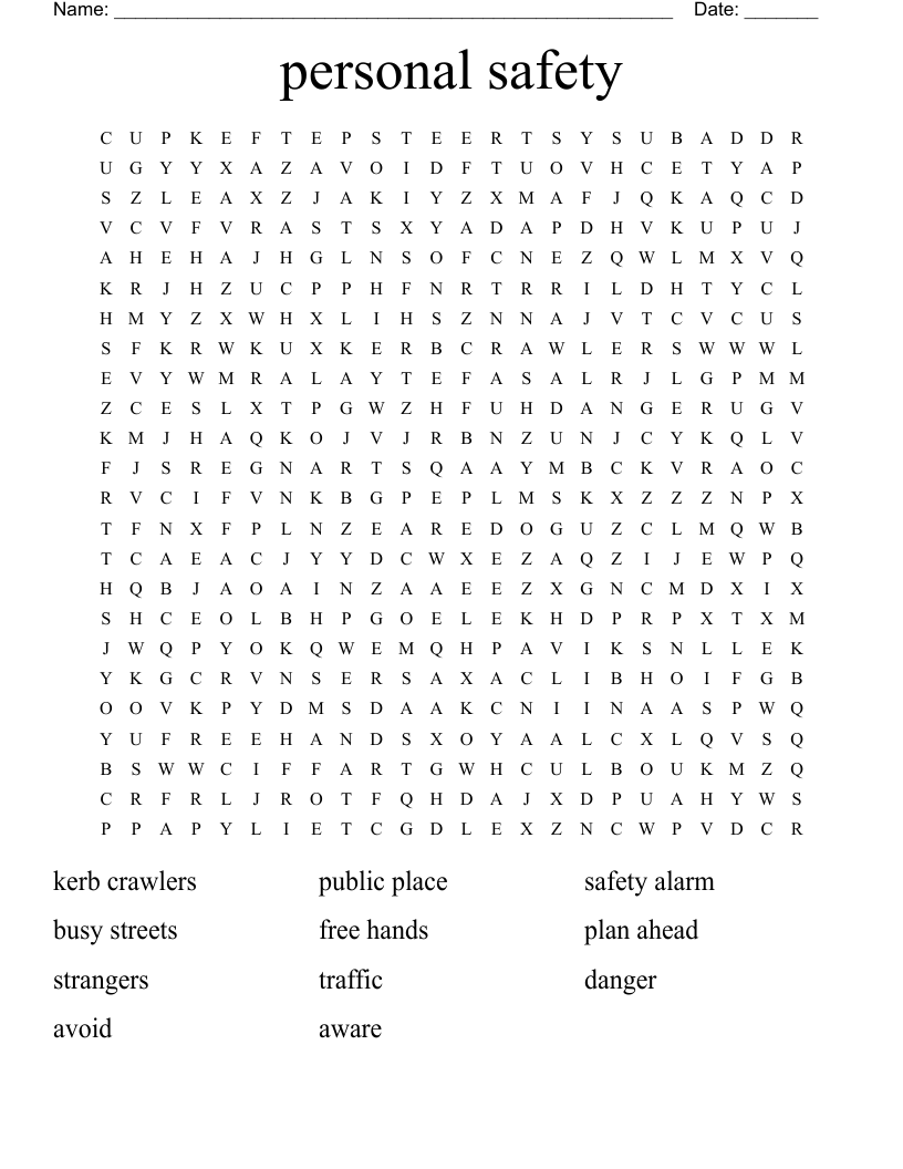 Personal Safety Word Search WordMint