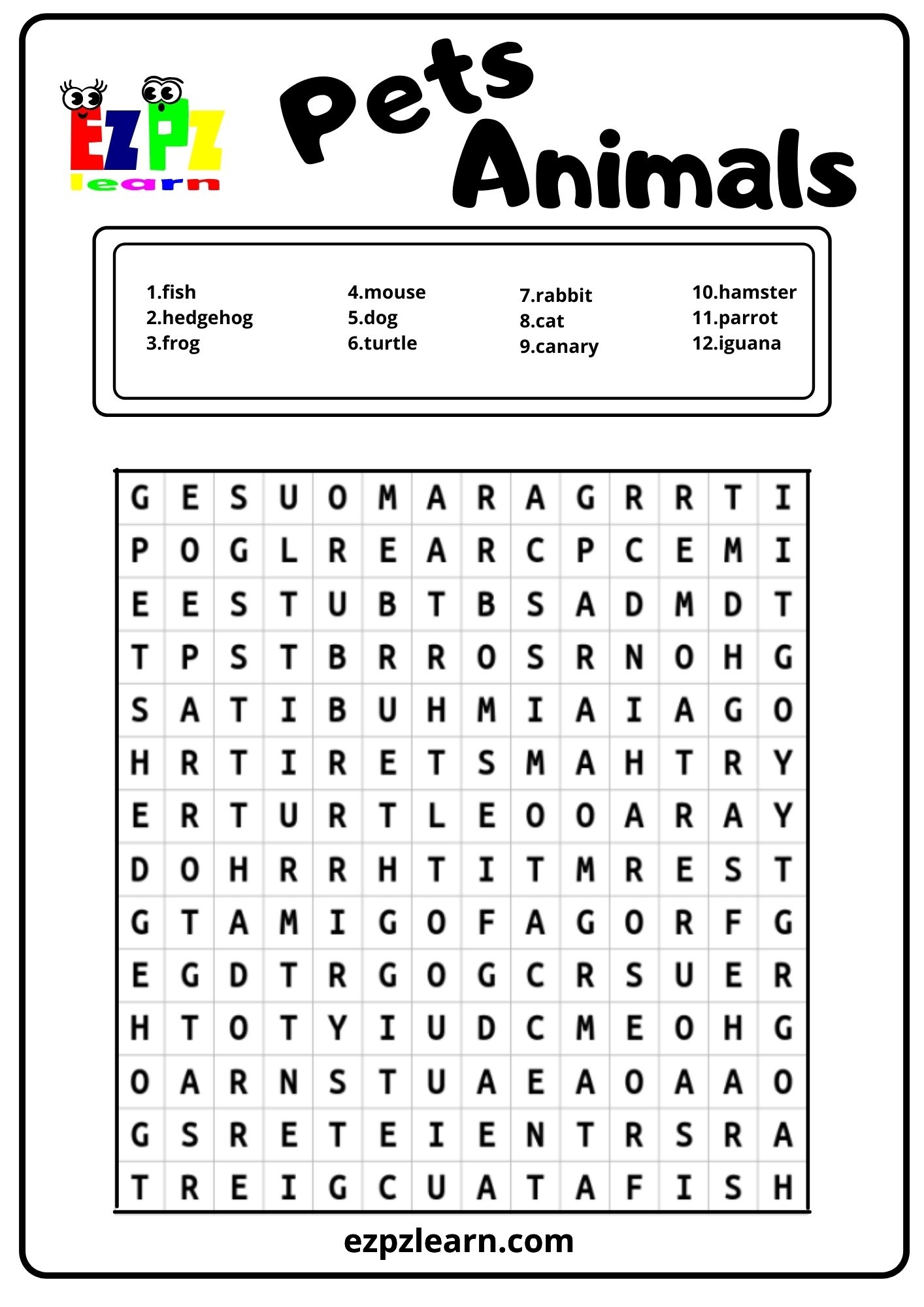 Pet Word Search Printable