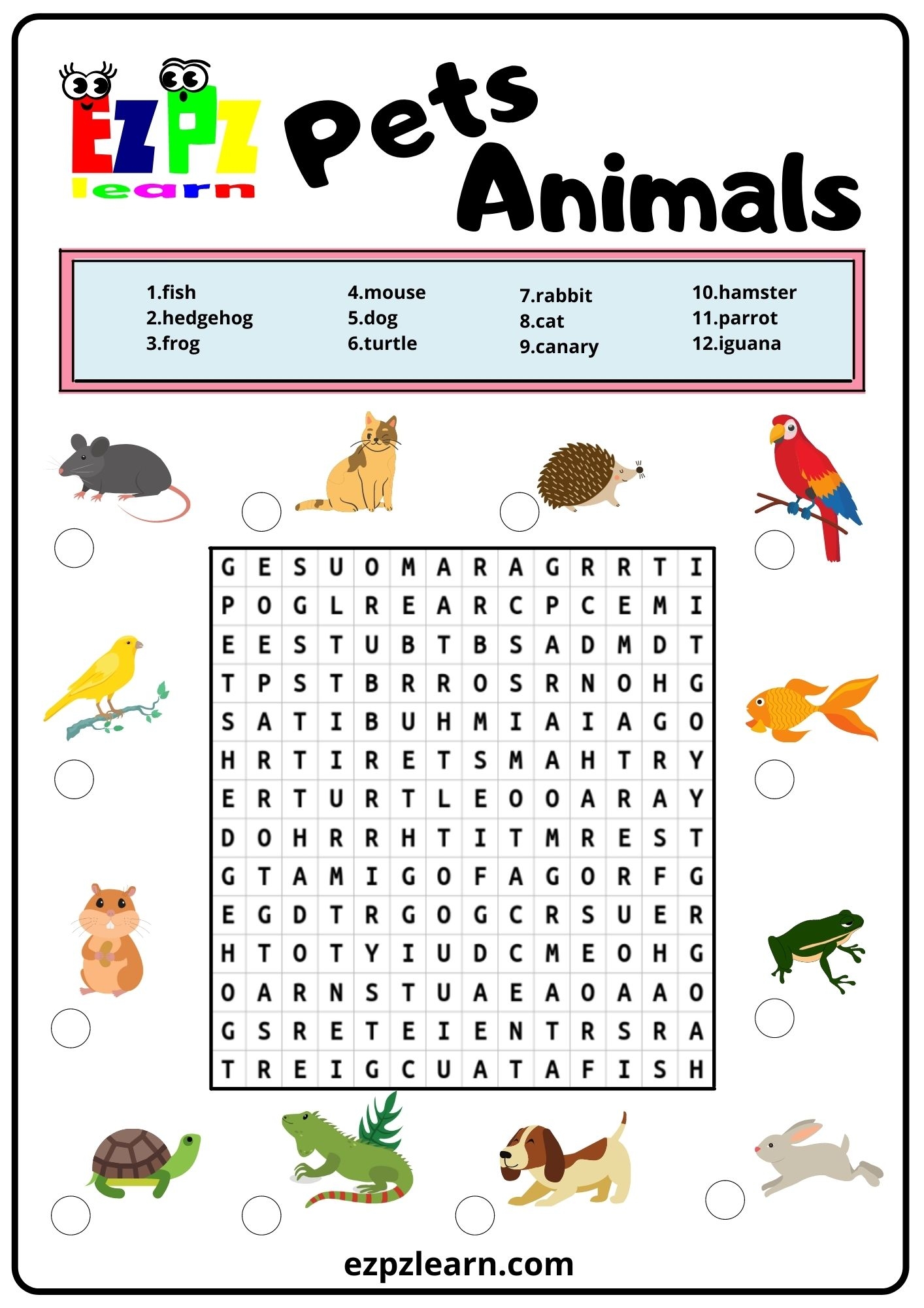 Pets Word Search Worksheet Ezpzlearn