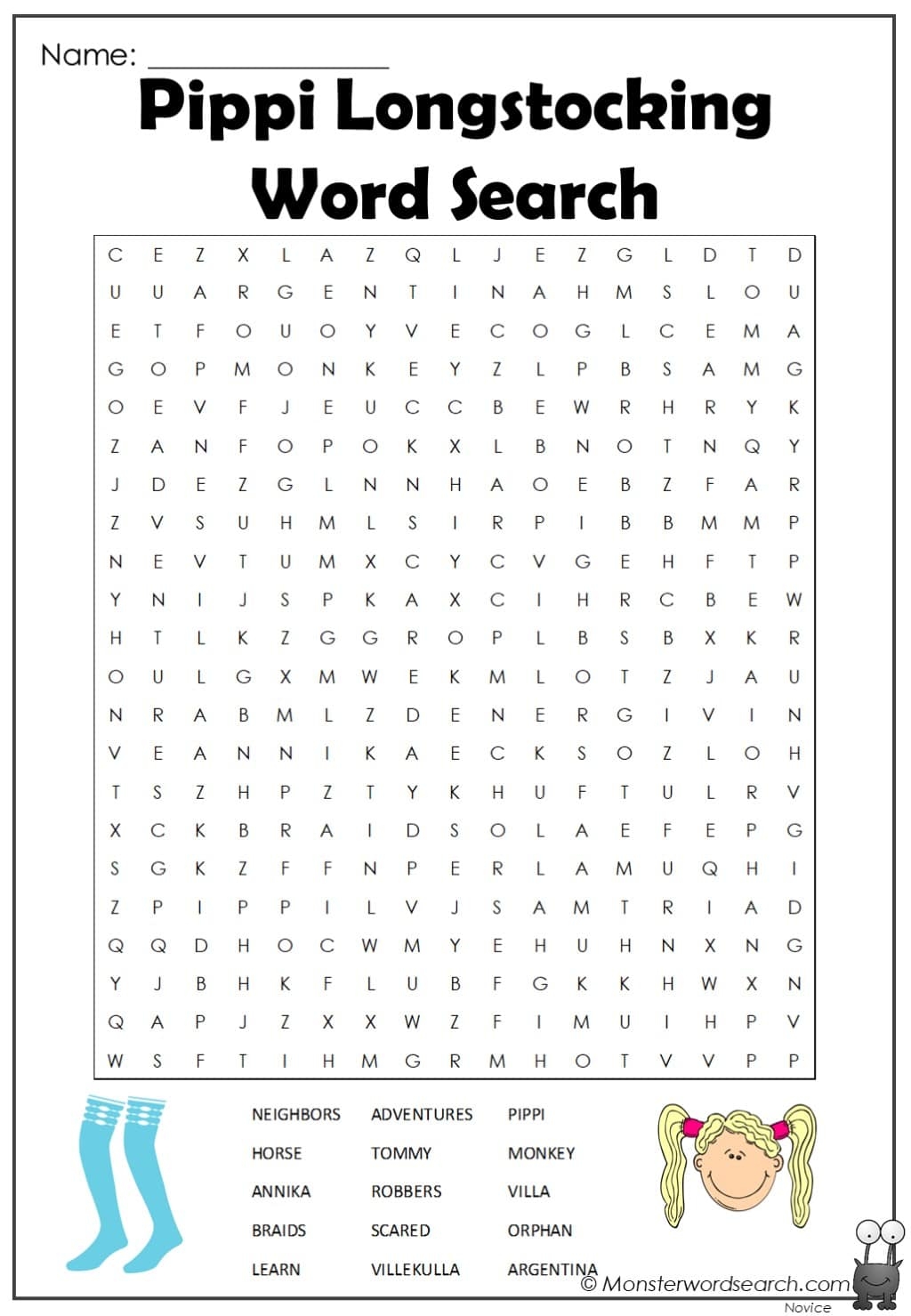 Pippi Longstocking Word Search Monster Word Search