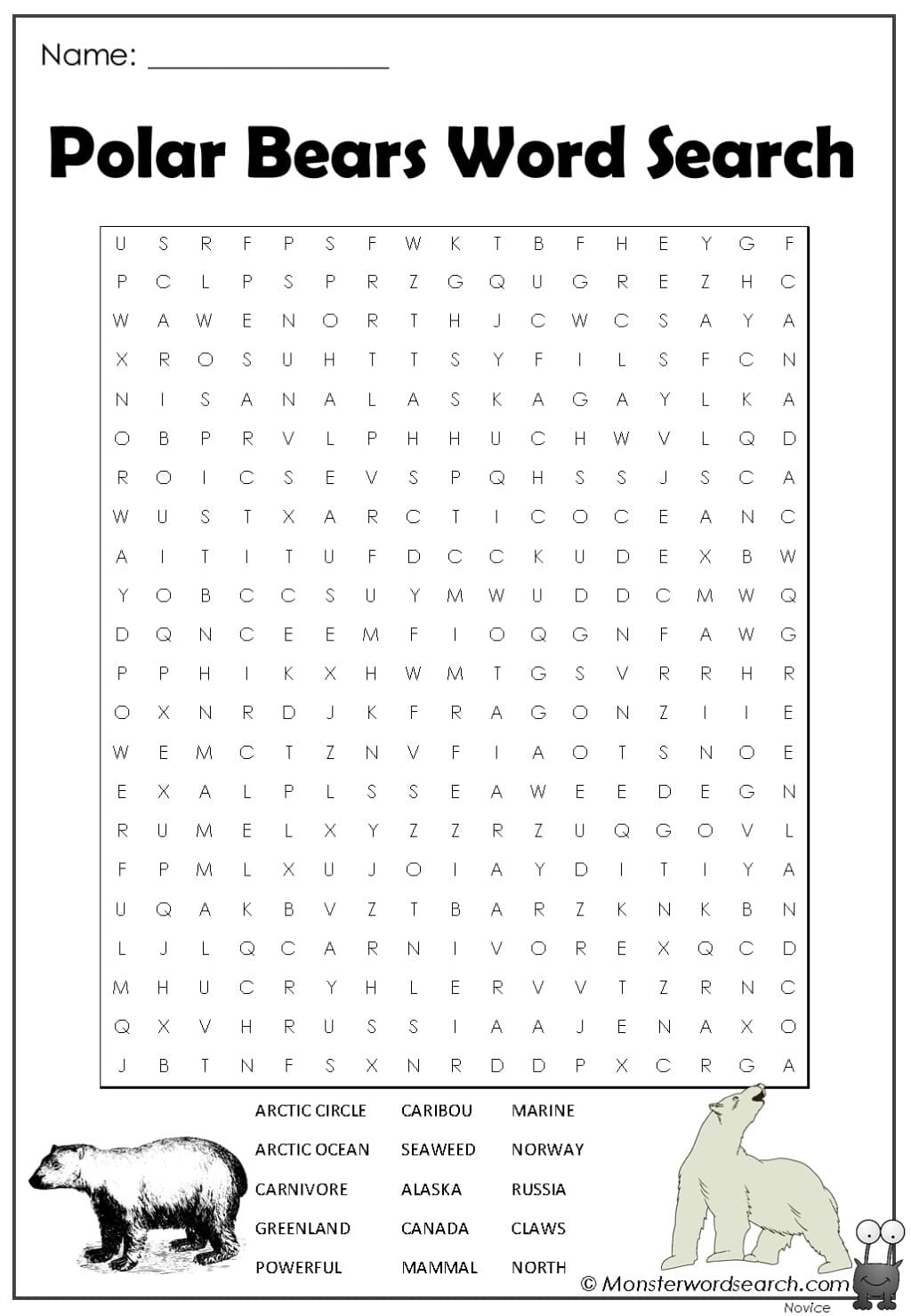 Polar Bears Word Search Monster Word Search