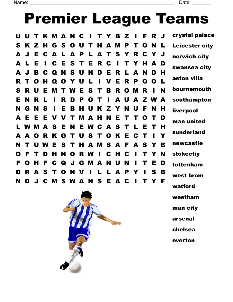 Premier League Teams Word Search WordMint